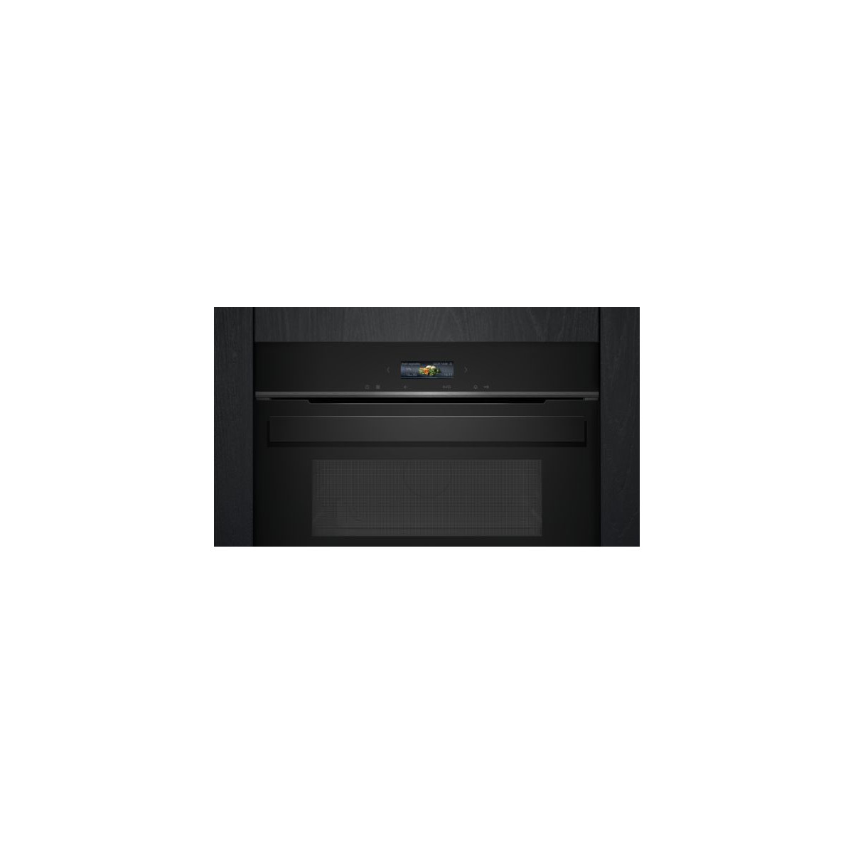 Un horno empotrado negro con pantalla digital y ventana.