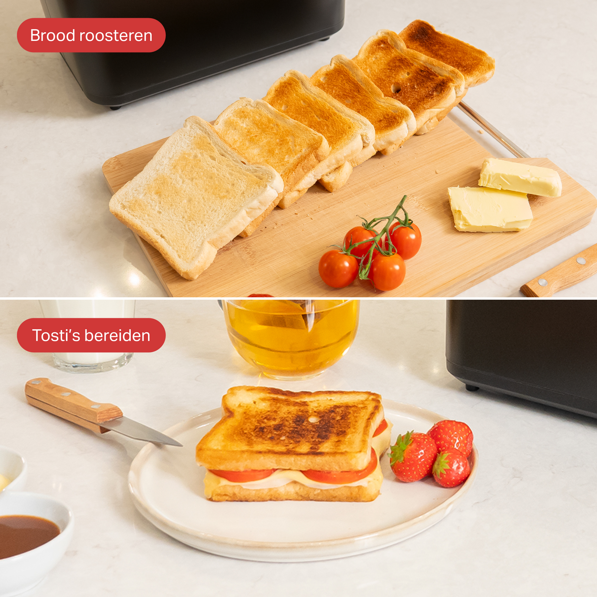 Boven: Geroosterd brood met boter en tomaten. Onder: Een tosti met tomaat en kaas.