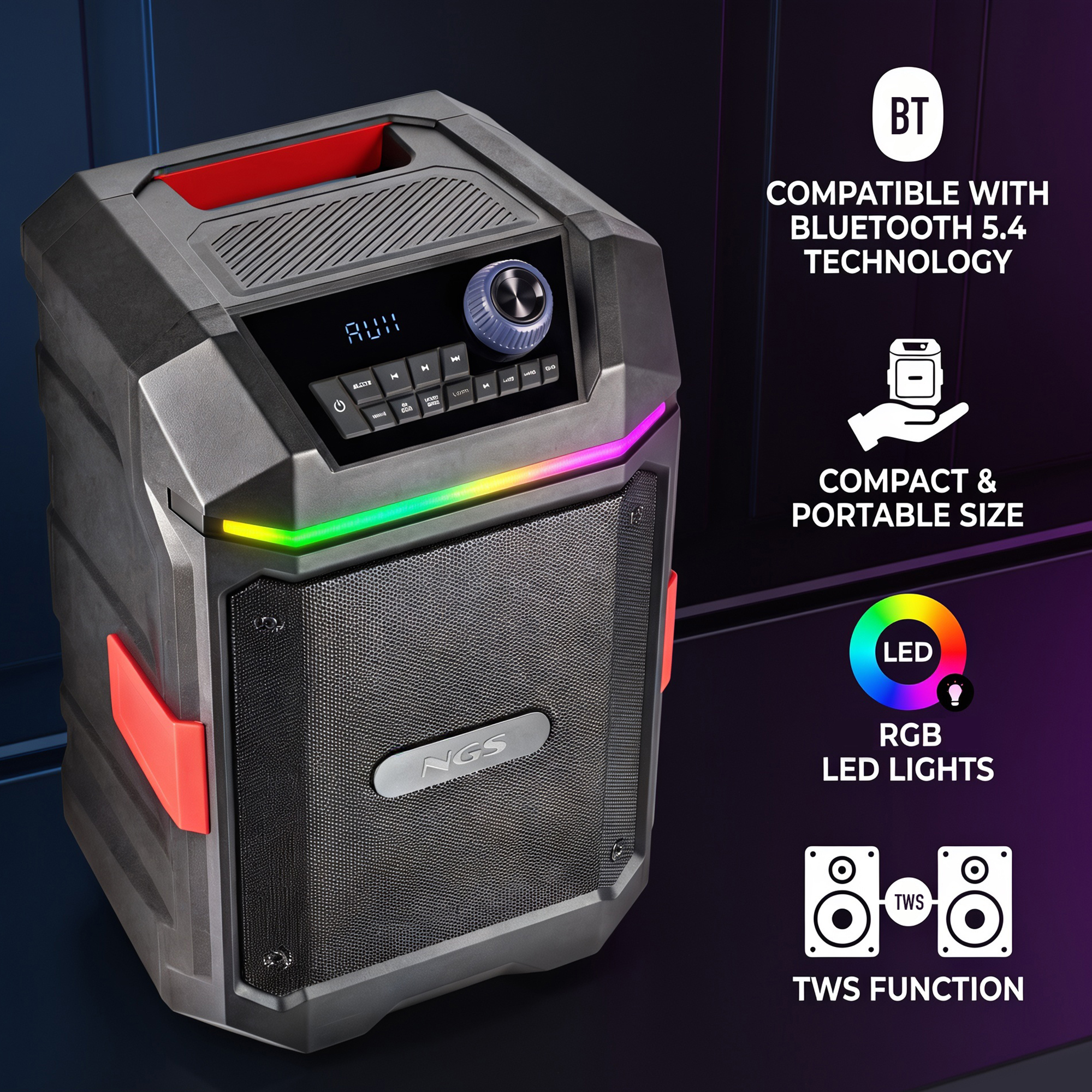 Altoparlante nero con barra luminosa LED RGB e pulsanti di controllo.