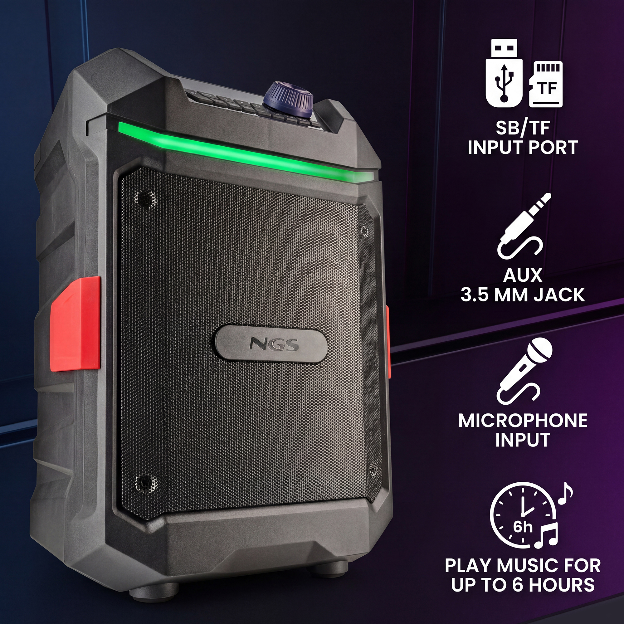 Altoparlante nero con barra LED verde, accenti rossi e icone di connessione.