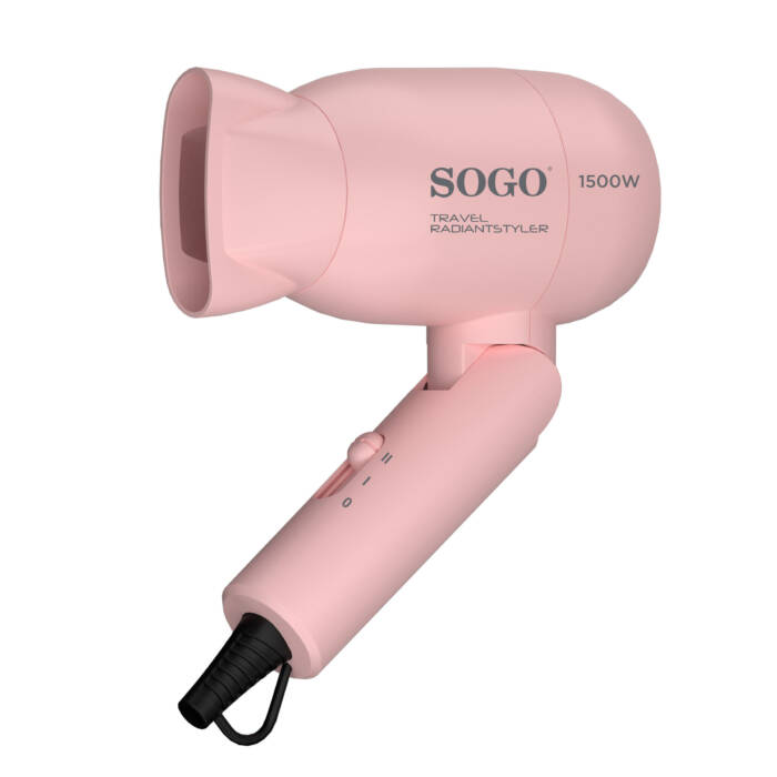 Un asciugacapelli Sogo rosa da 1500W su sfondo bianco.