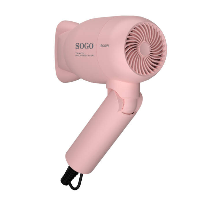 Un asciugacapelli da viaggio SOGO rosa con cavo nero, manico piegato e potenza 1500W.