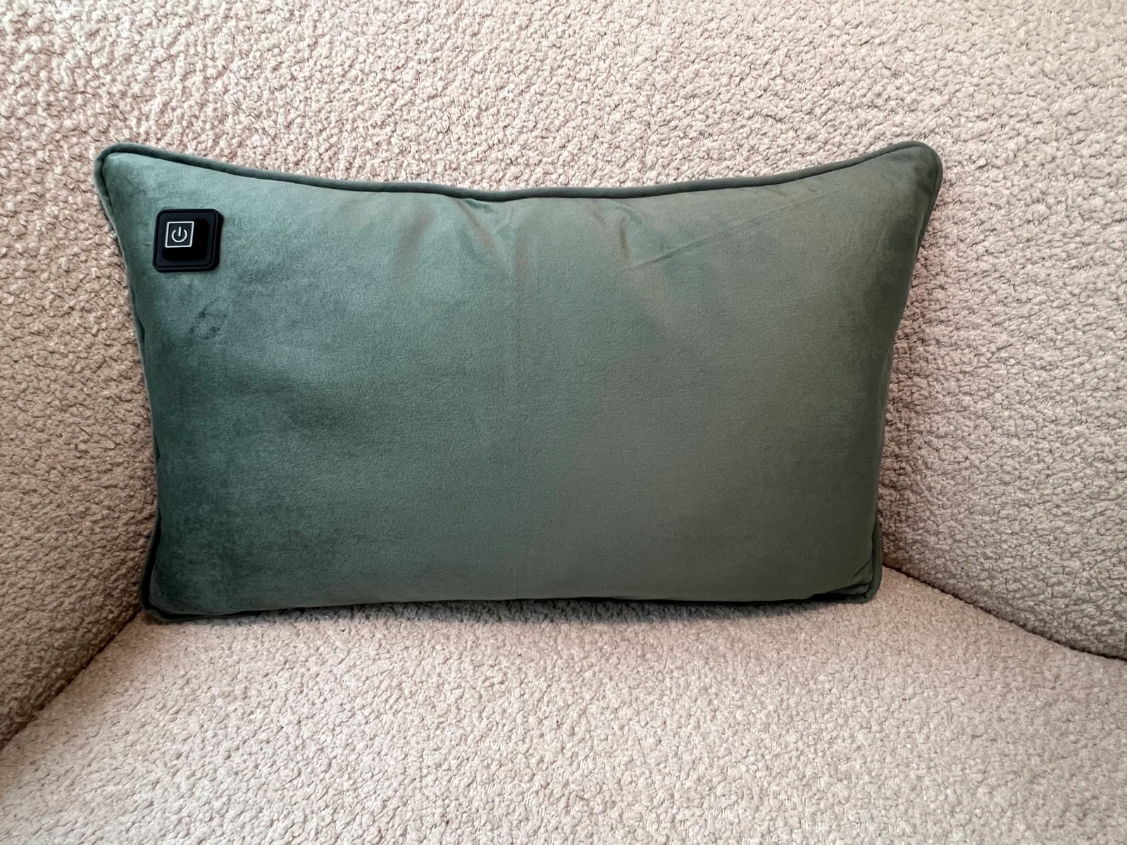Grüne Kissen mit schwarzem Power-Symbol auf einem hellen Teddyfellbezug.