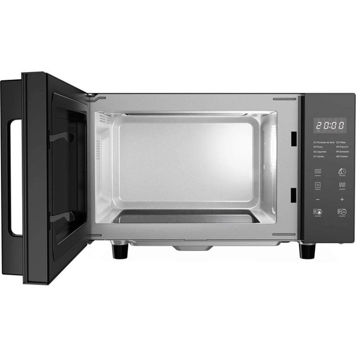 Un forno a microonde nero con la porta aperta, che mostra l'interno e il display.