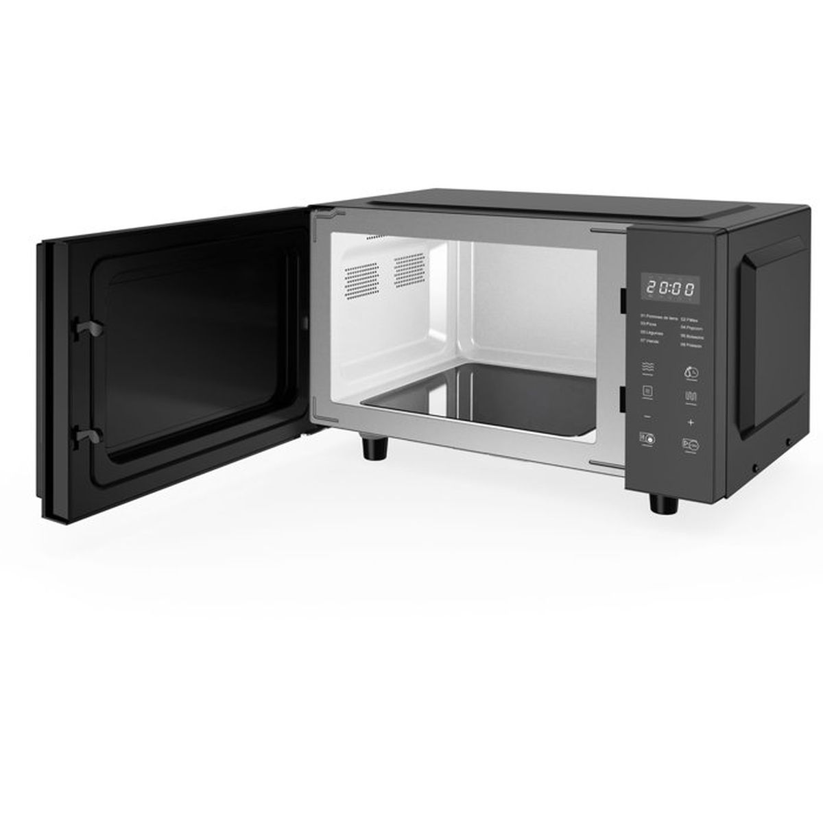 Un forno a microonde nero con la porta aperta, che mostra l'interno e il display digitale.