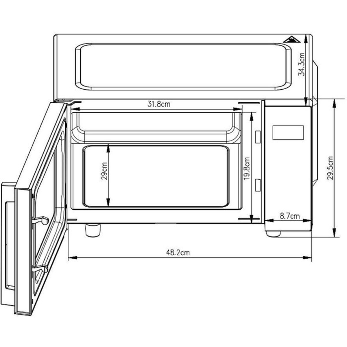 Disegno tecnico di un forno a microonde con dimensioni.