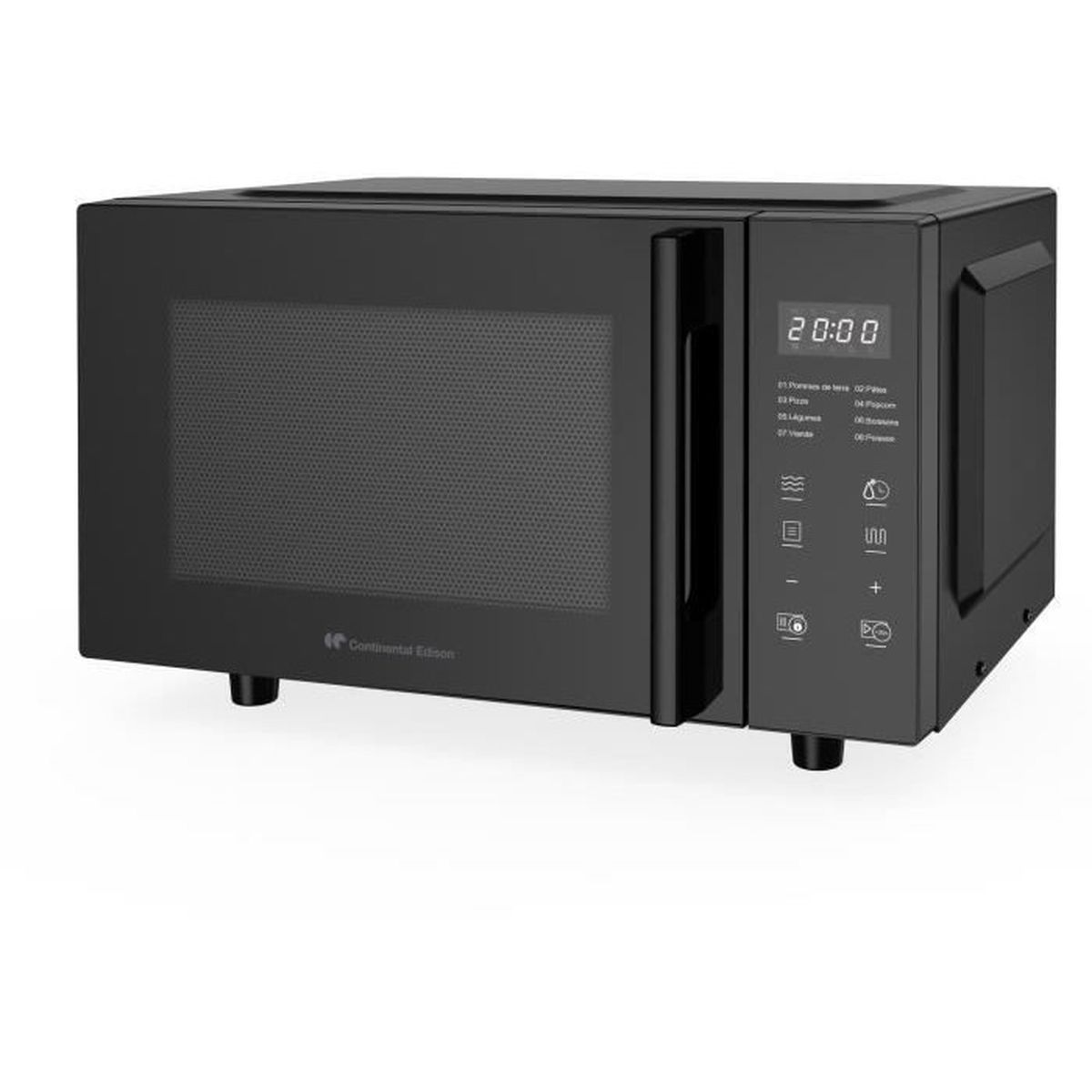 Forno a microonde nero con display digitale e pannello di controllo, su sfondo bianco.