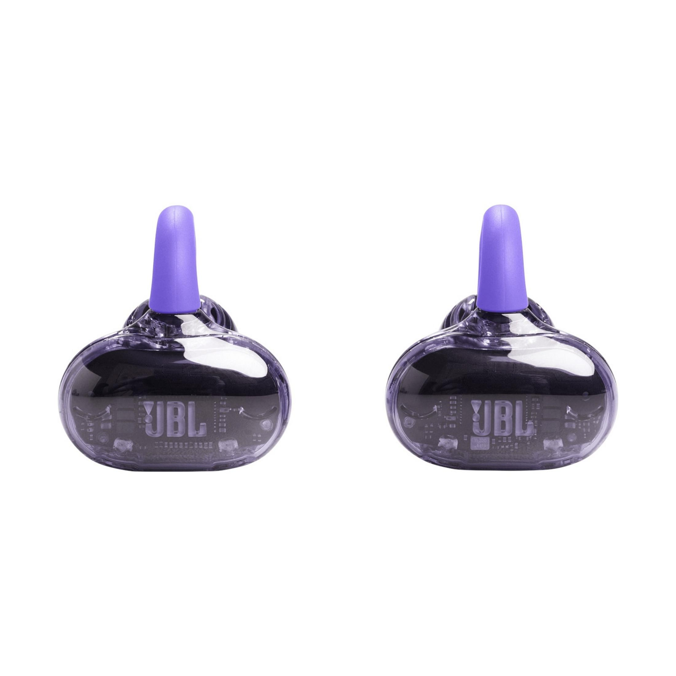 Zwei transparente Ohrhörer mit lila Spitzen und JBL-Logo auf weißem Grund.