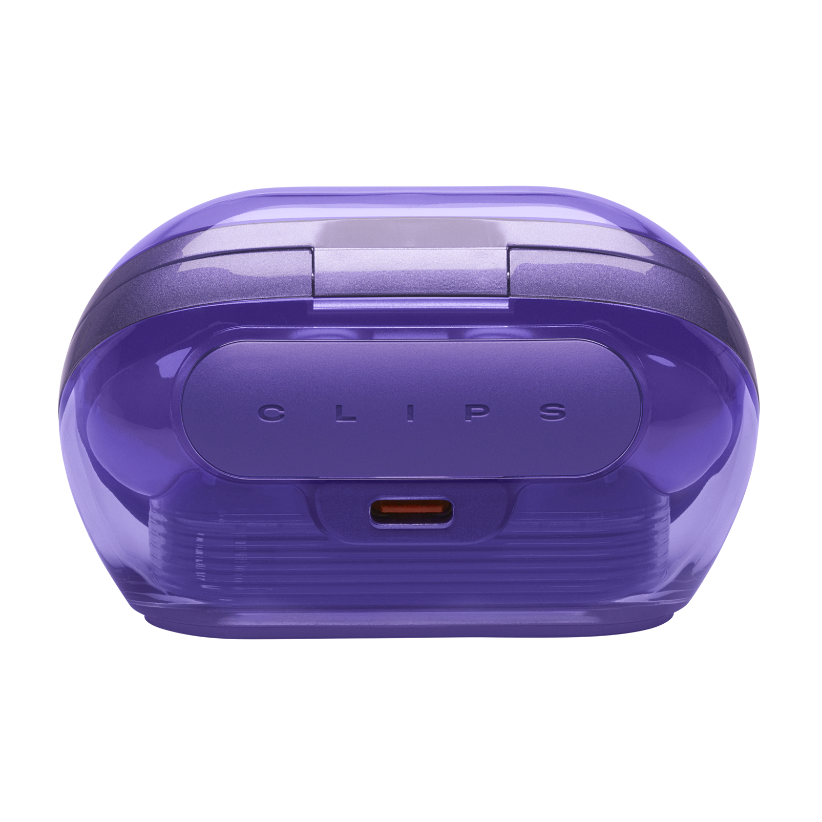 Lila Ladeetui für Kopfhörer mit USB-C-Anschluss und aufgedrucktem „CLIPS“.