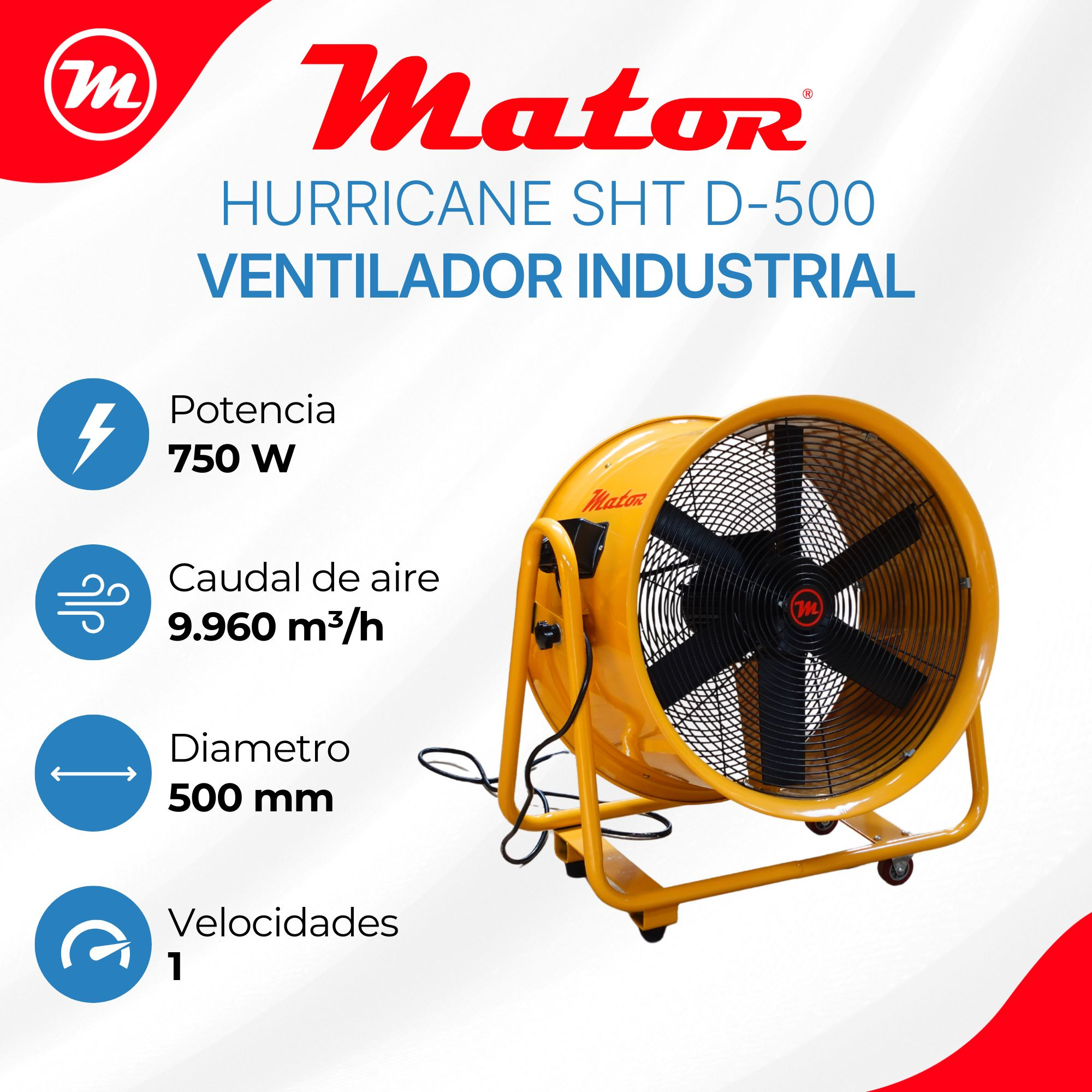 Un ventilador industrial amarillo con aspas y ruedas negras. Se listan especificaciones.