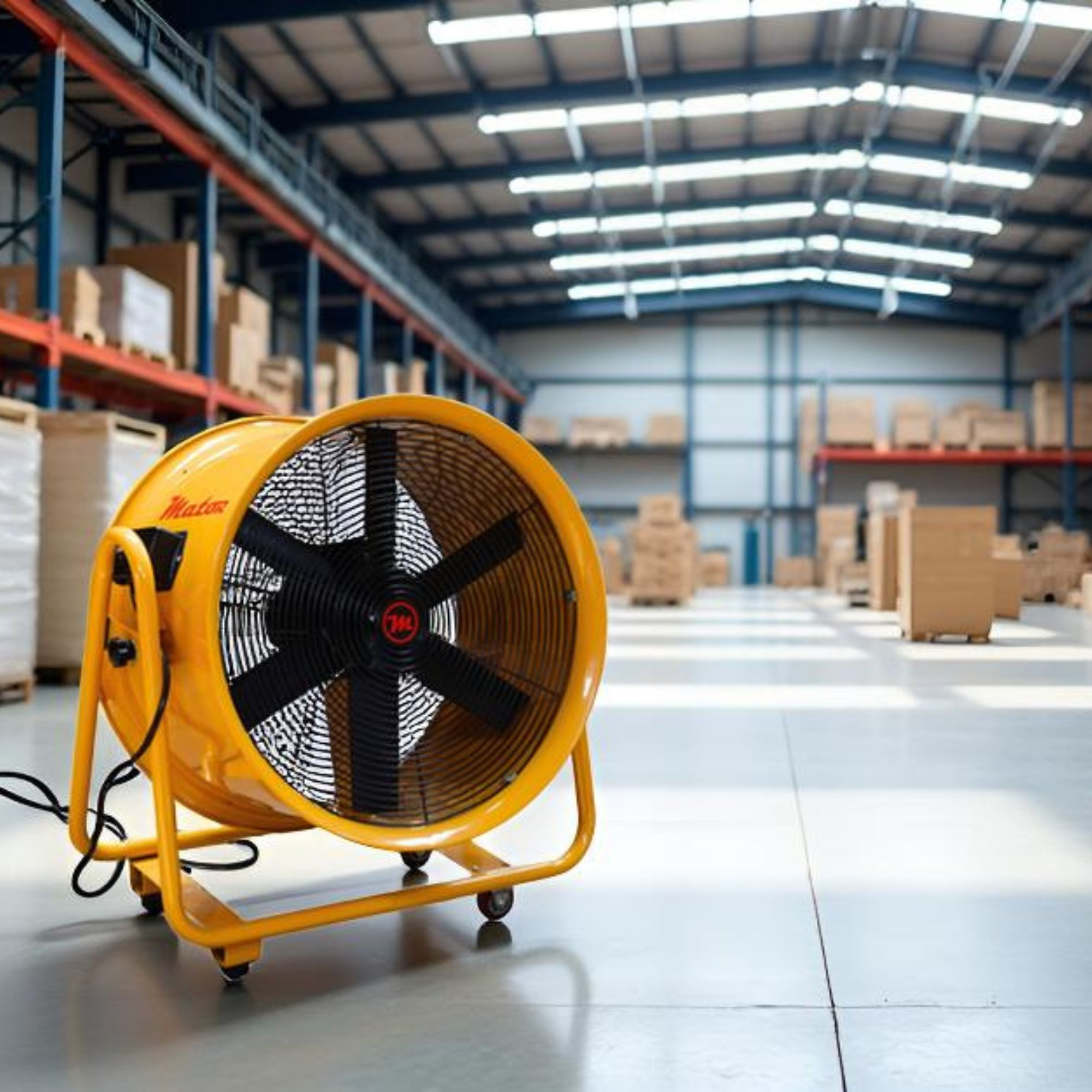 Un ventilador industrial amarillo en el suelo de un almacén con muchas cajas.
