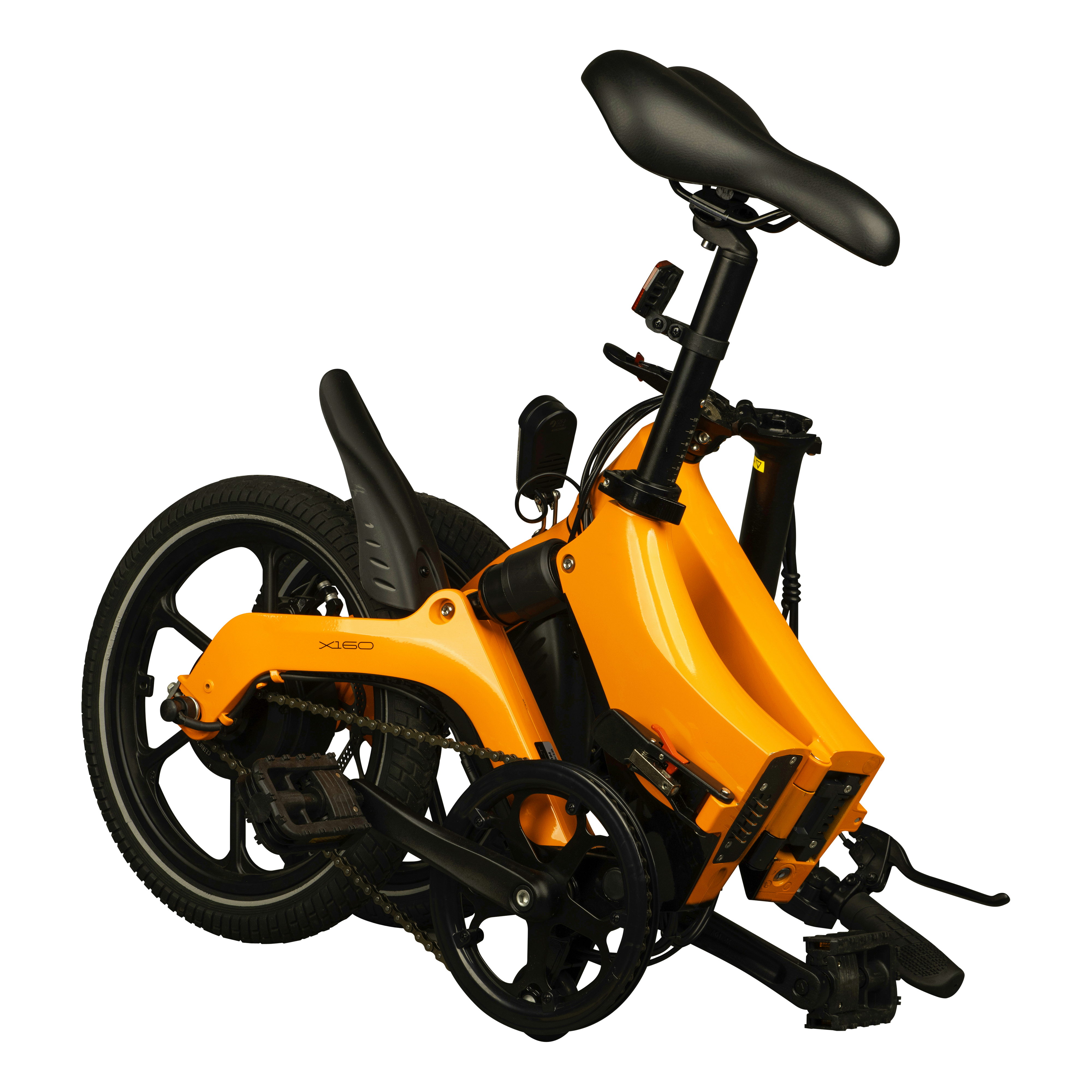 Orange folding bike with black wheels, seat, and chain.