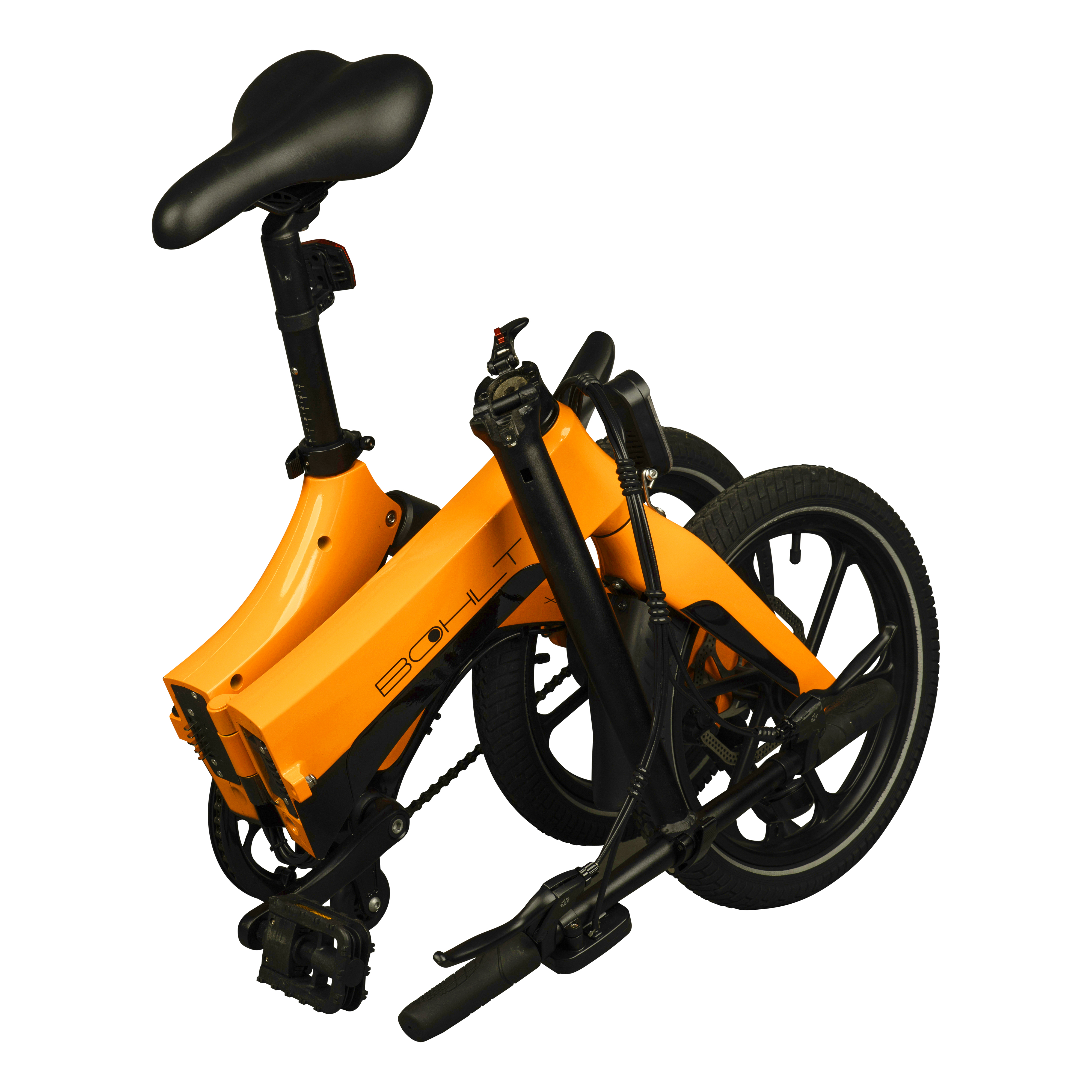 An orange folding bicycle with black details and tires.