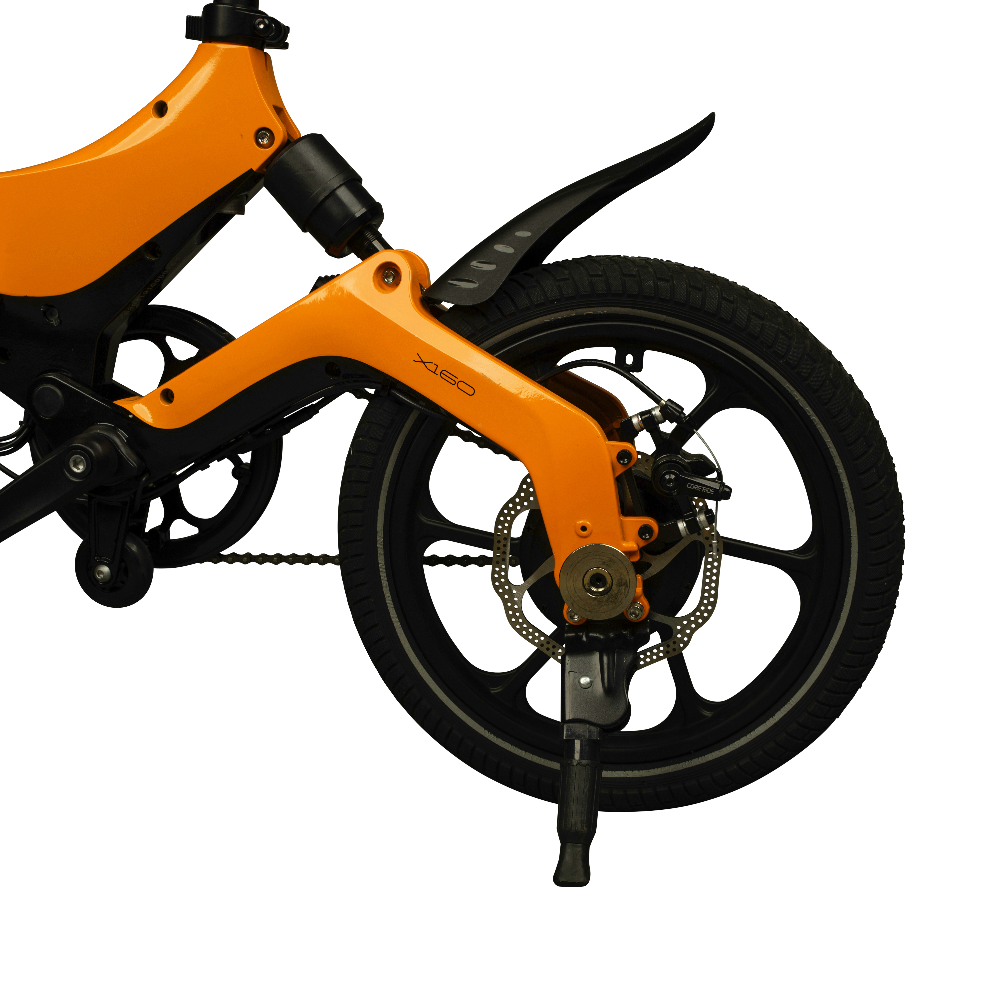Close-up of an orange bike frame with a black wheel and chain.