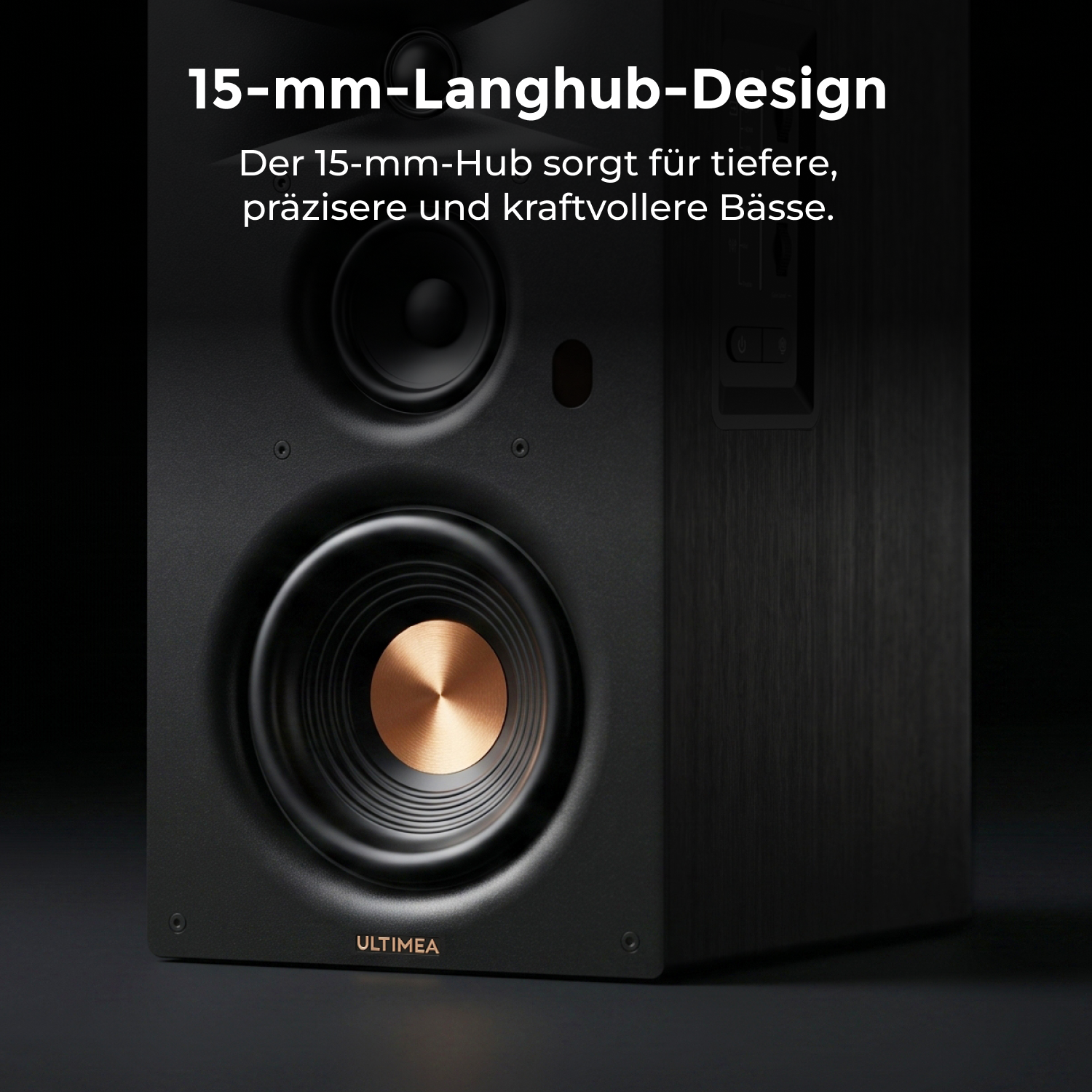 Schwarzer Lautsprecher mit Kupferdetail, 15mm Langhub-Design.