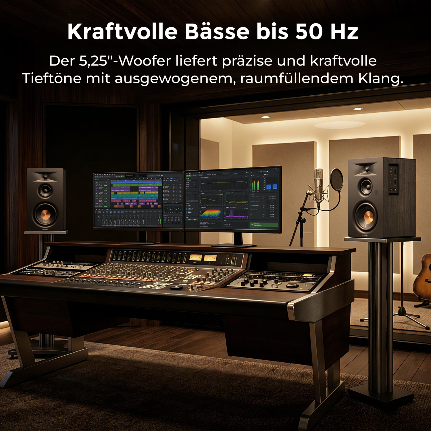 Studio-Aufnahme-Setup mit Mischpult, Monitoren, Mikrofon und Lautsprechern.