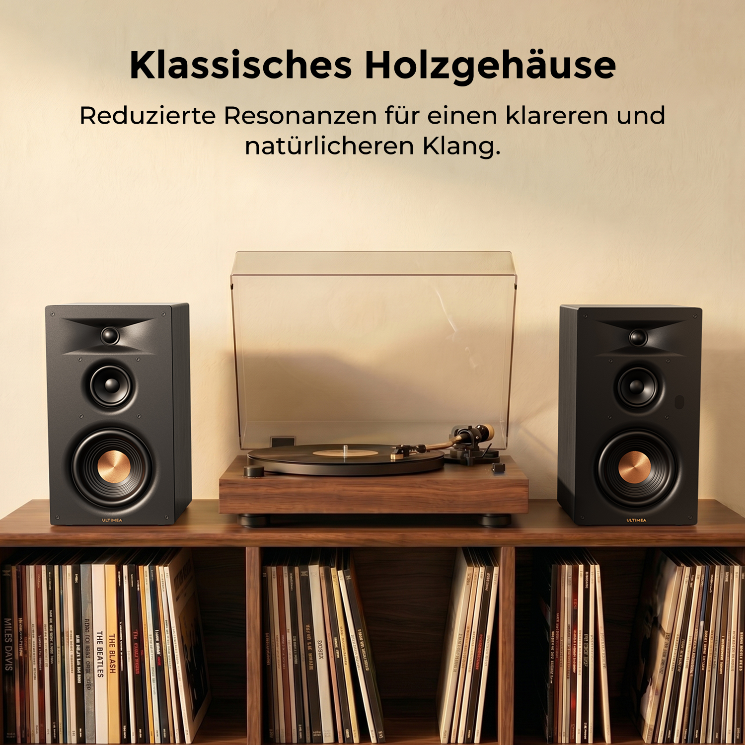 Schwarze Lautsprecher und Plattenspieler auf einem Regal, daneben Vinyls.