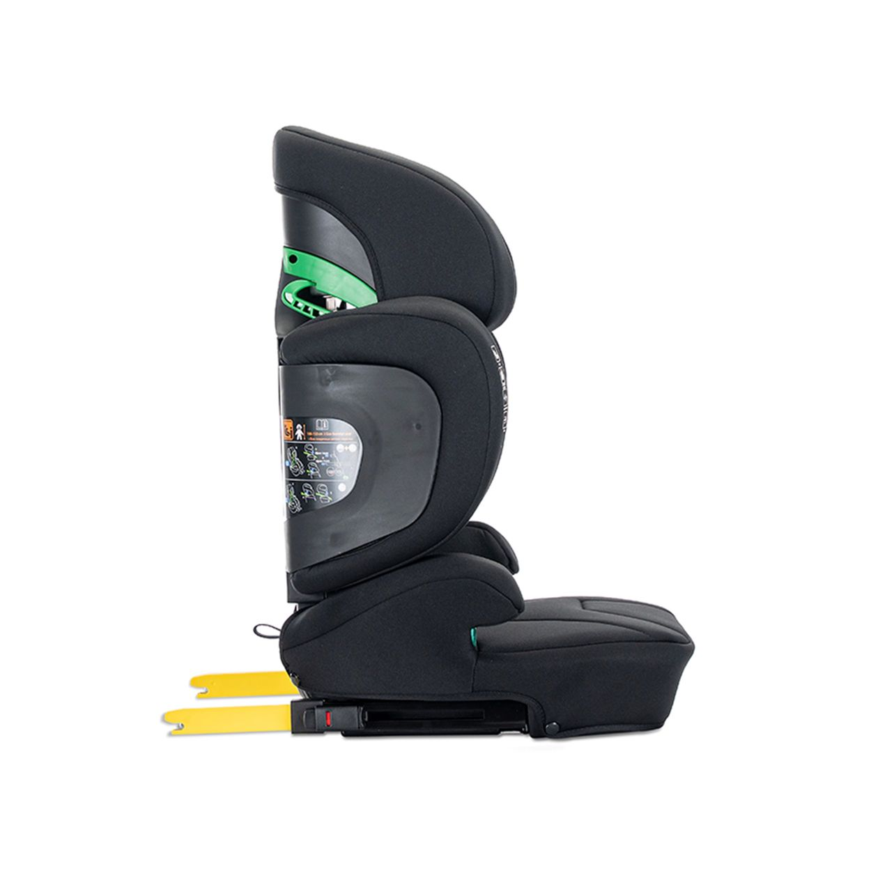 Schwarzer Autositz mit grünen Akzenten und gelben ISOFIX-Haken, Seitenansicht.
