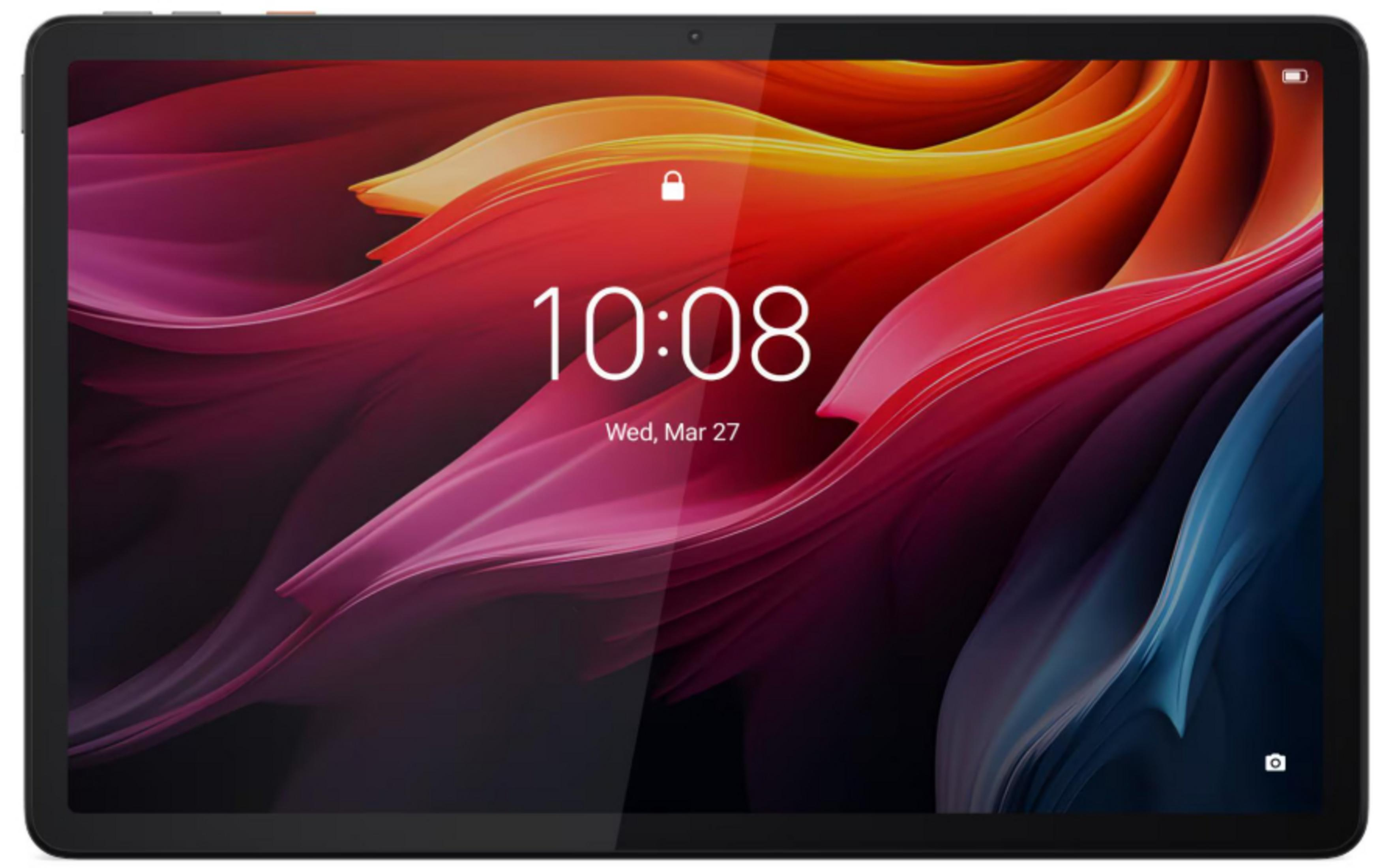 Un tablet nero con uno sfondo astratto colorato sulla schermata di blocco.