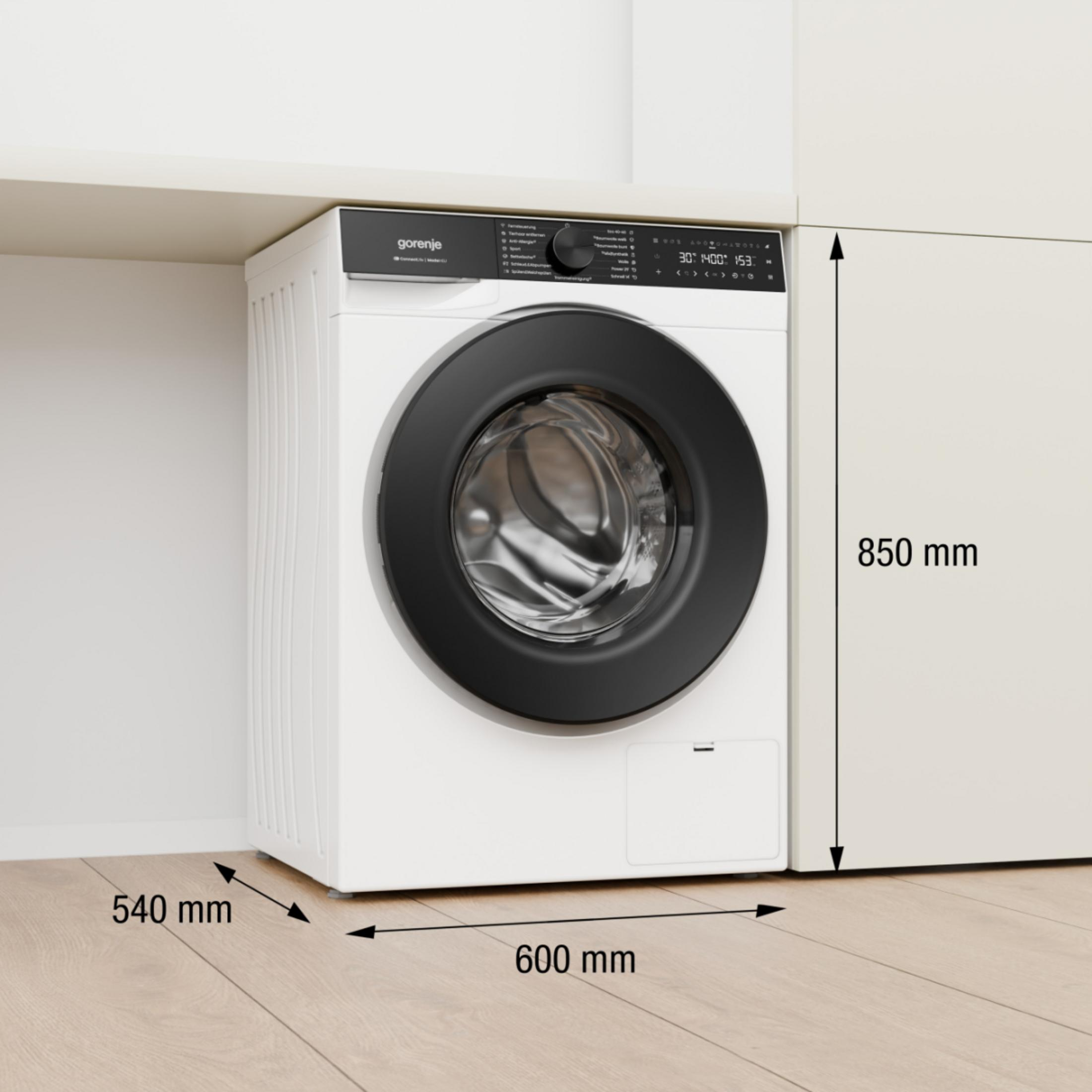 Weiße Gorenje Waschmaschine mit schwarzer Tür, Maße 850x540x600mm.