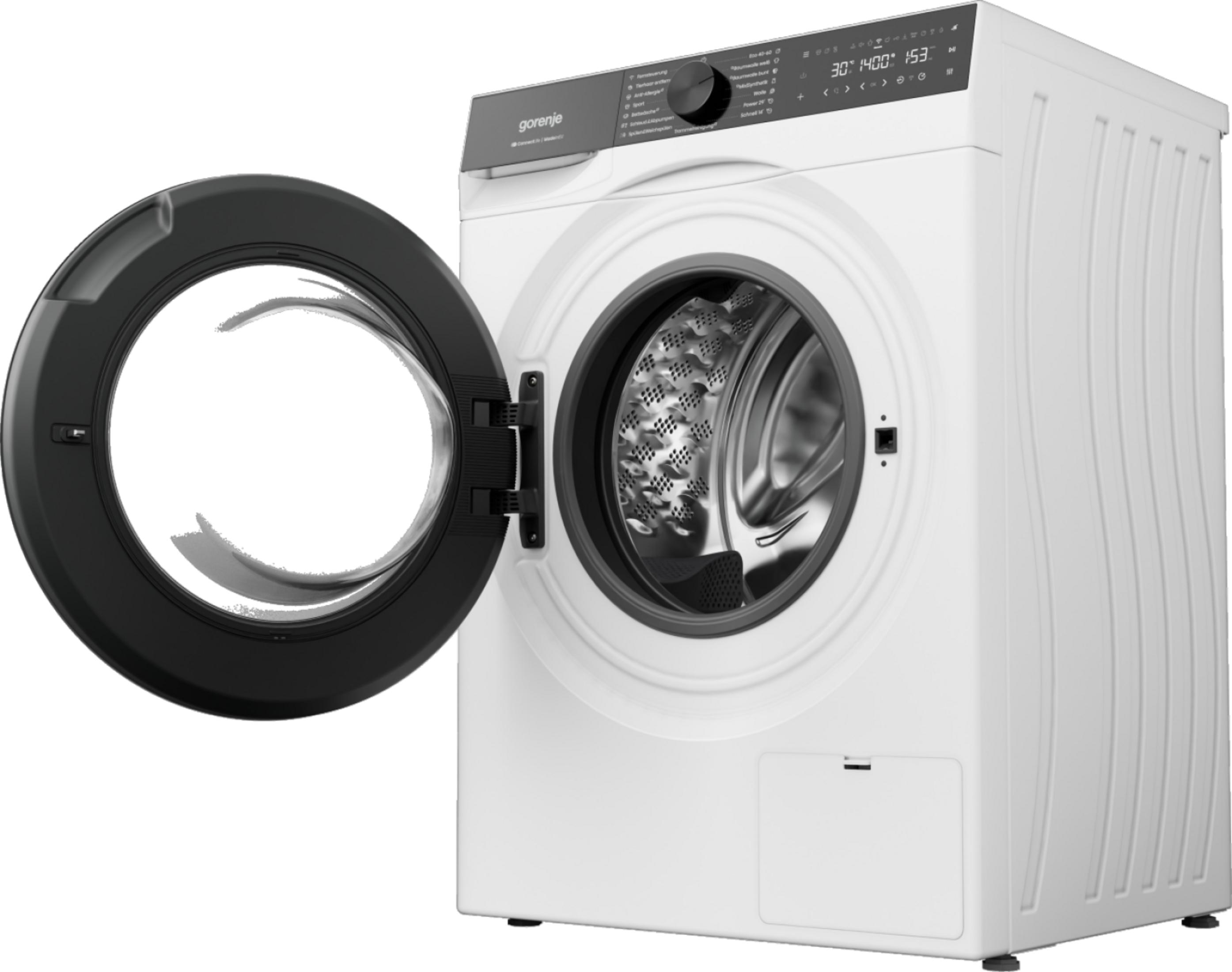 Eine weiße Gorenje Waschmaschine mit geöffneter schwarzer Tür und Trommel.