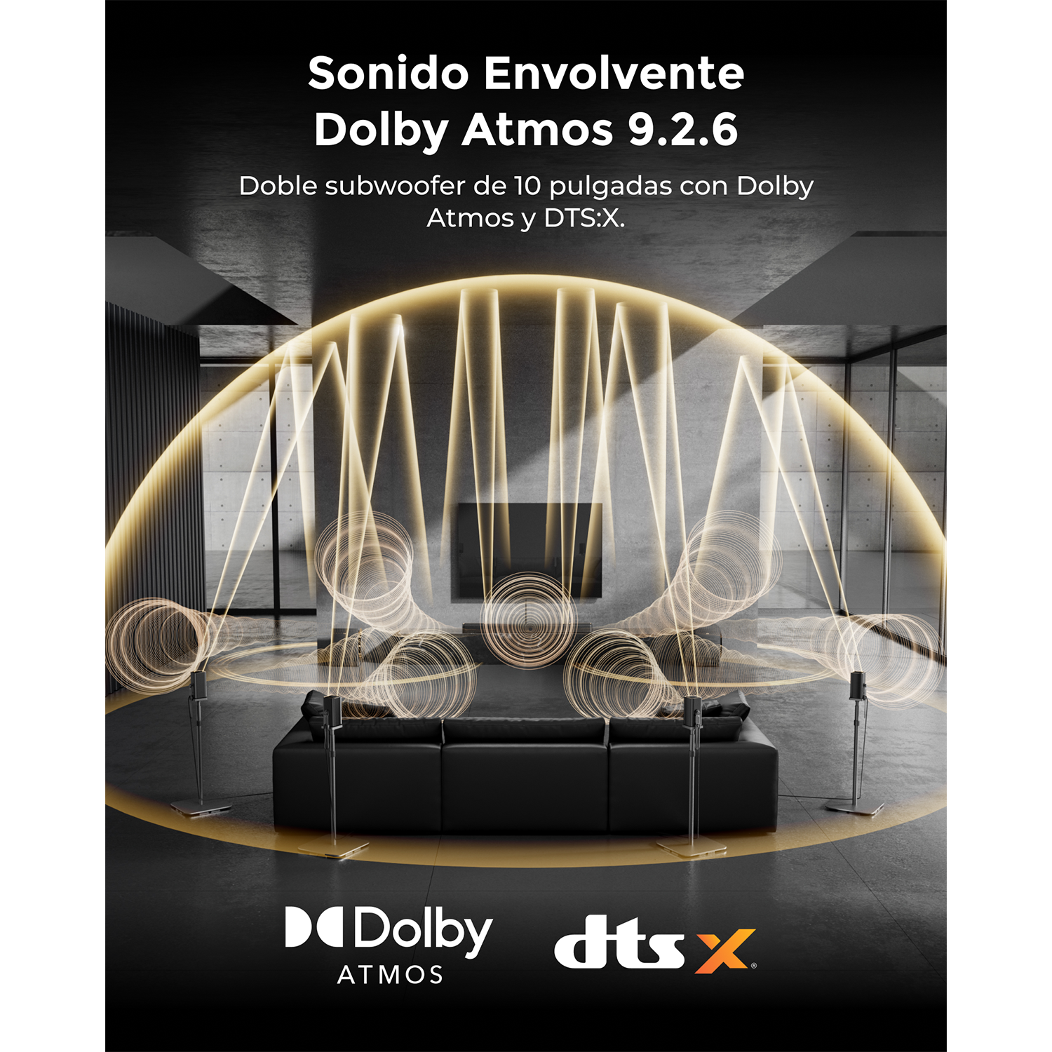 Una sala con sonido Dolby Atmos 9.2.6: dos subwoofers, dos altavoces, un sofá.