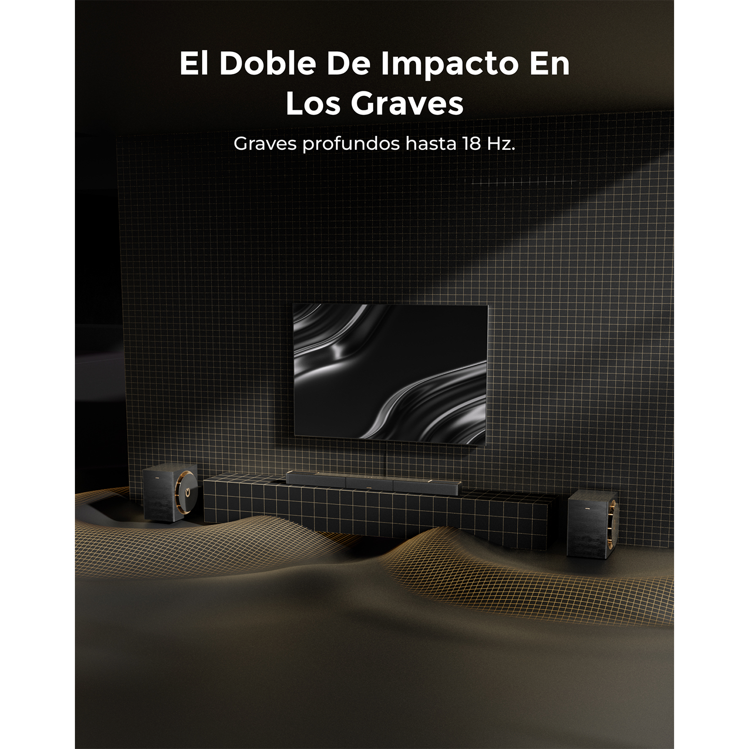 Altavoces negros modernos y una barra de sonido ante un fondo de rejilla negra.