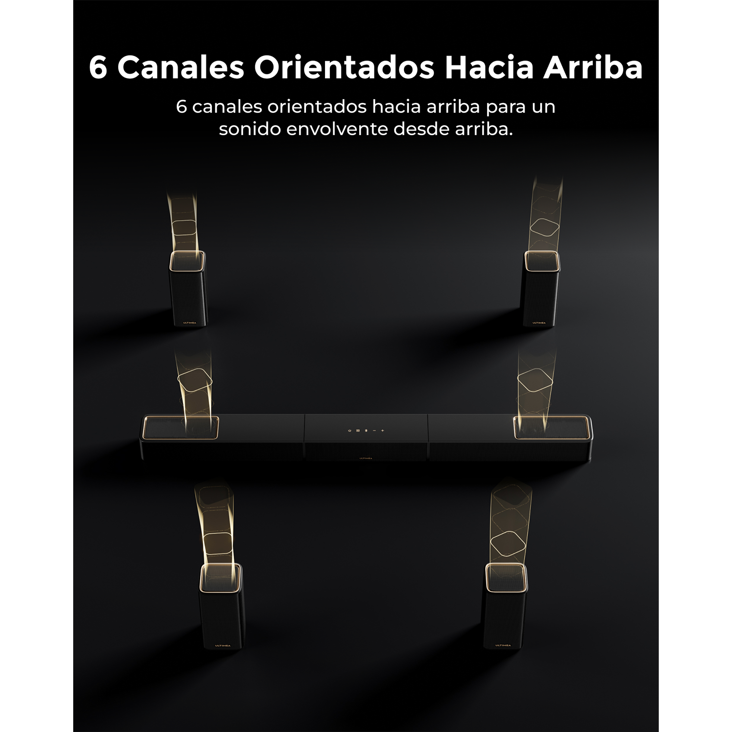 Barra de sonido negra con seis altavoces hacia arriba para sonido inmersivo.