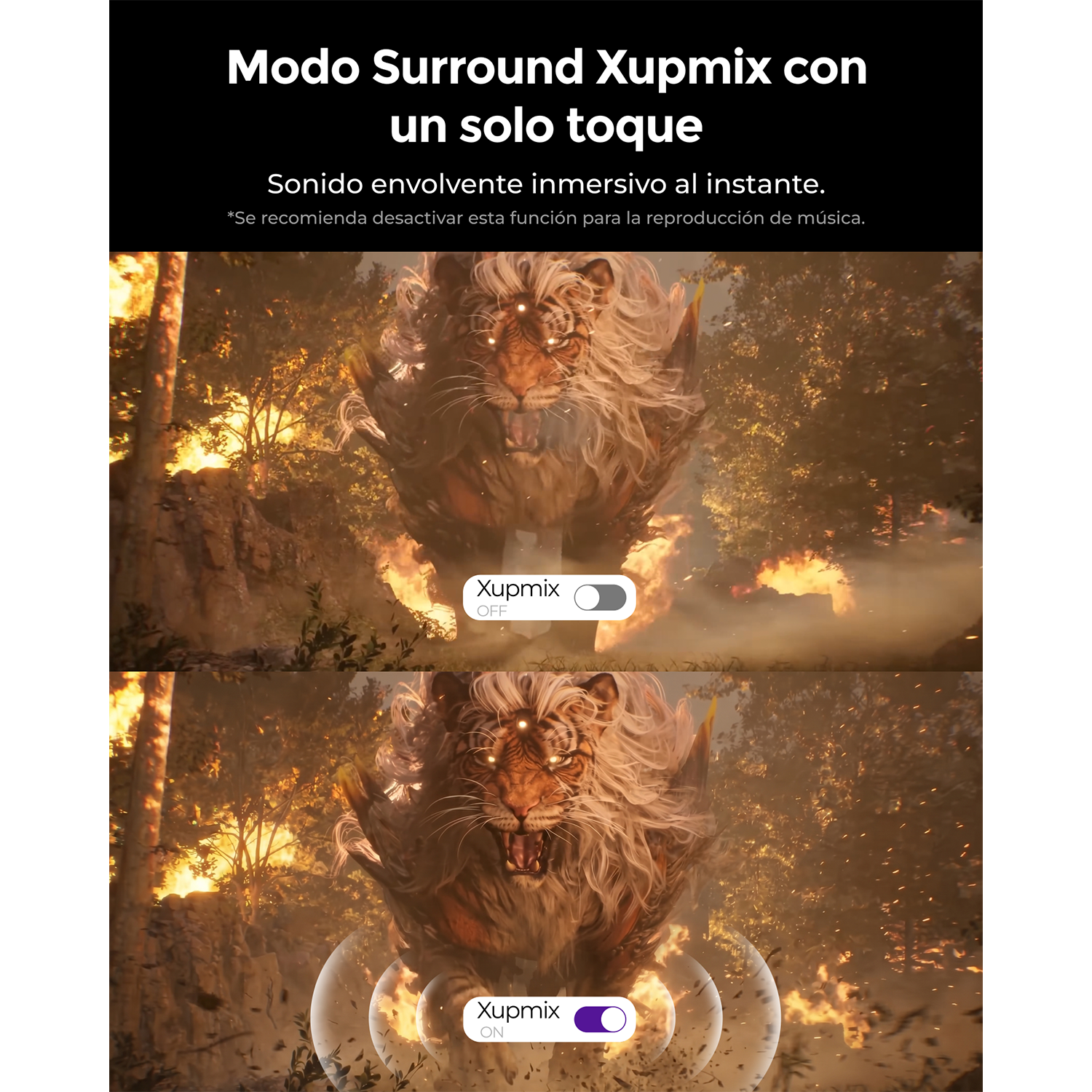 Imagen de un tigre con interruptores Xupmix encendido/apagado y llamas.