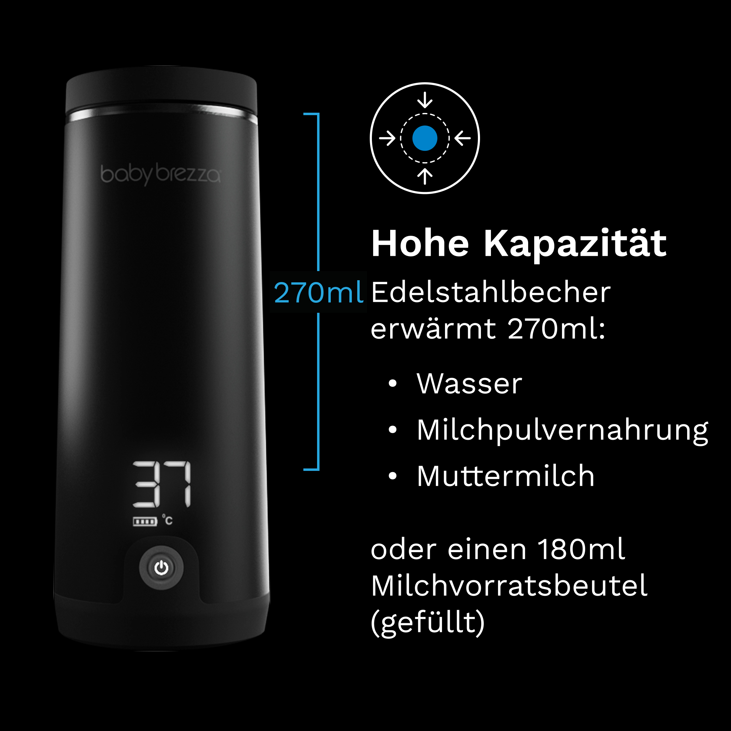 Schwarzer Baby Brezza Becher mit digitaler Anzeige 37°C, fasst 270ml.