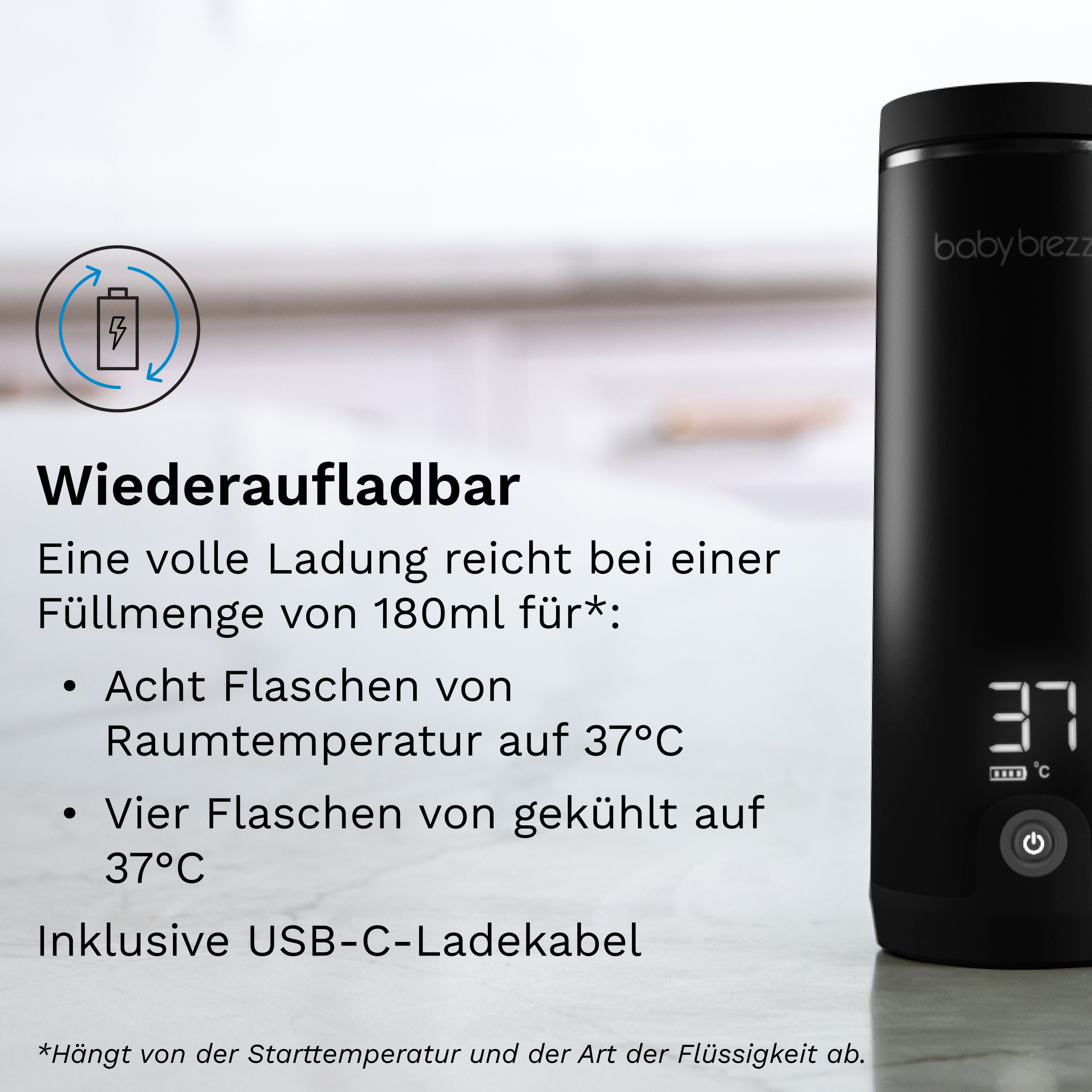 Ein schwarzer Baby Brezza Flaschenwärmer mit digitaler Anzeige von 37°C.