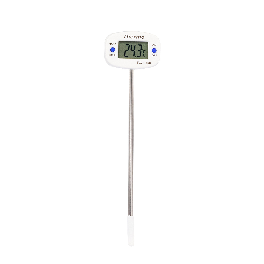 Ein digitales Thermometer mit einem LCD-Bildschirm, der 24,3°C anzeigt.