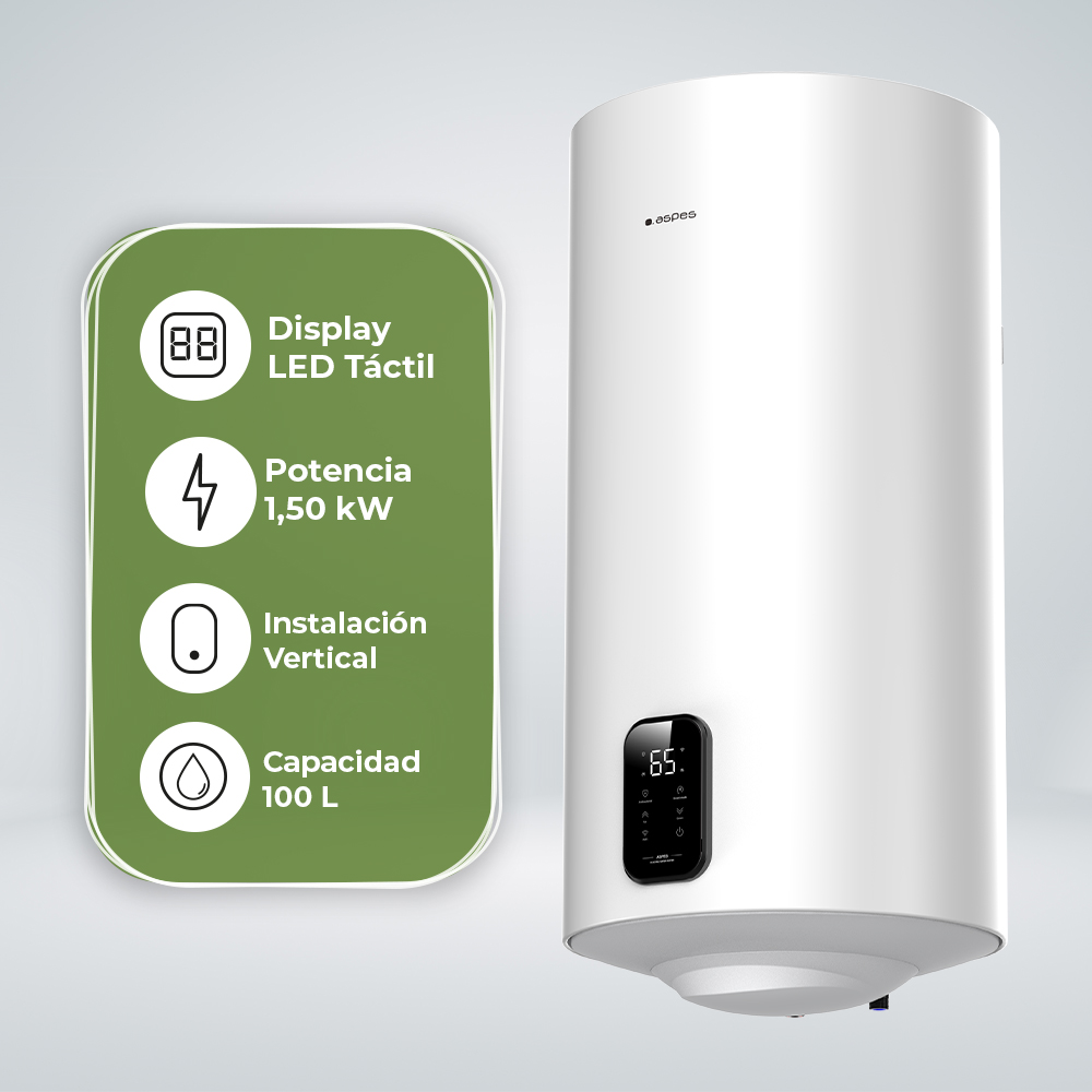 Calentador de agua blanco con display LED, 1,50 kW, 100 L, instalaci0n vertical.
