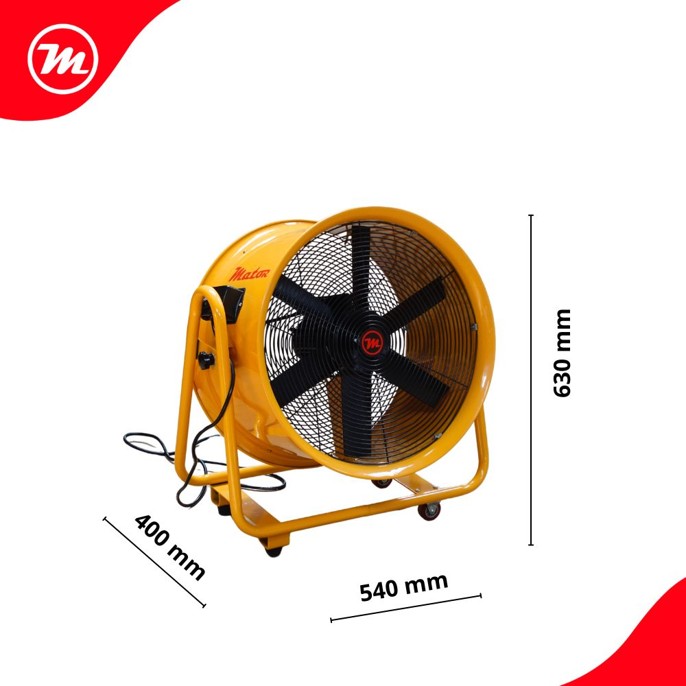 Ventilador industrial amarillo con aspas negras y dimensiones.