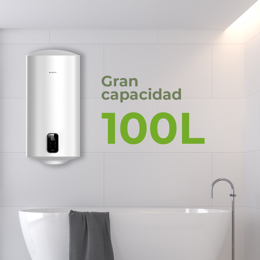 Un calentador de agua blanco de 100L junto a una bañera.