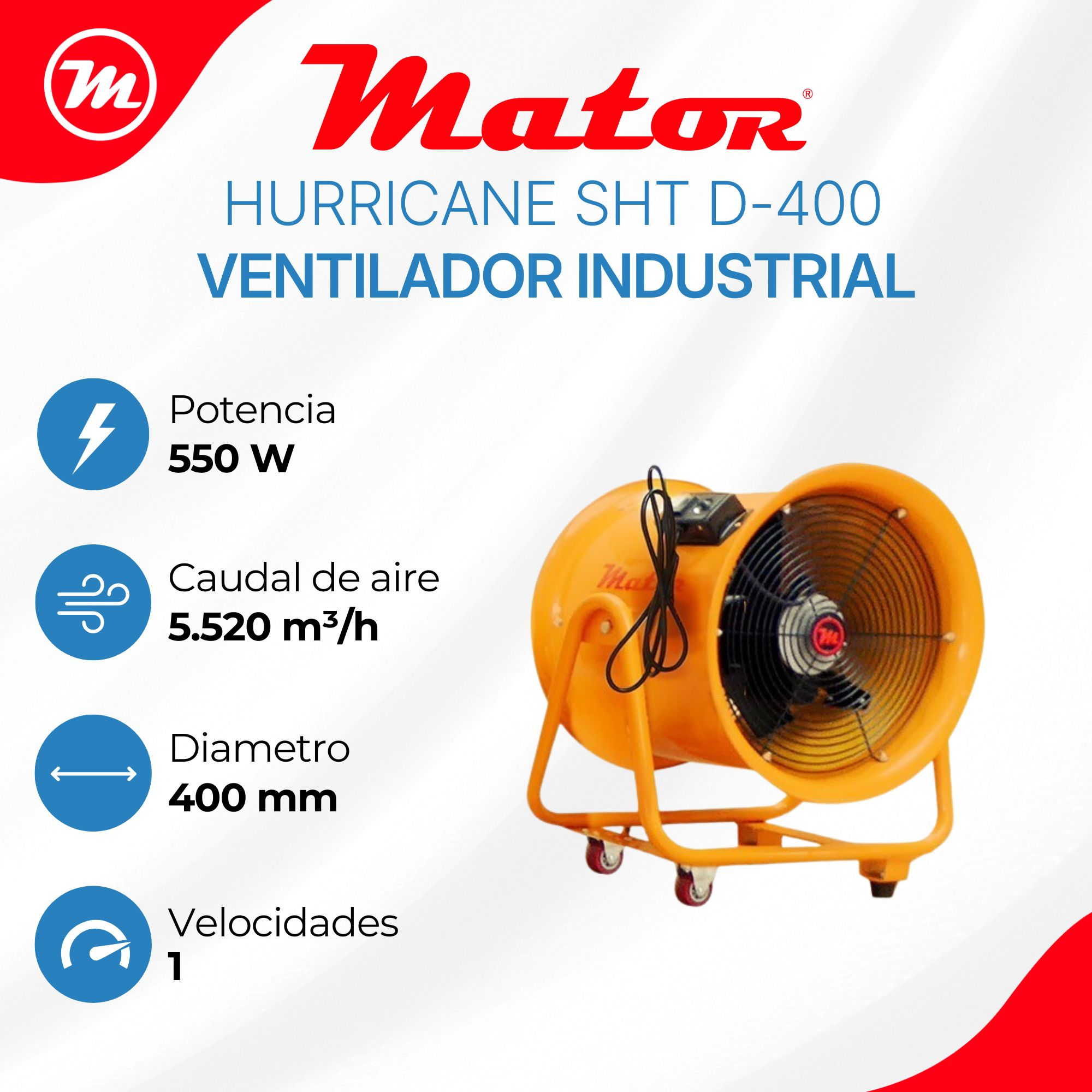 Ventilador industrial naranja: 550W, 5.520 m³/h, 400mm diámetro, 1 velocidad.