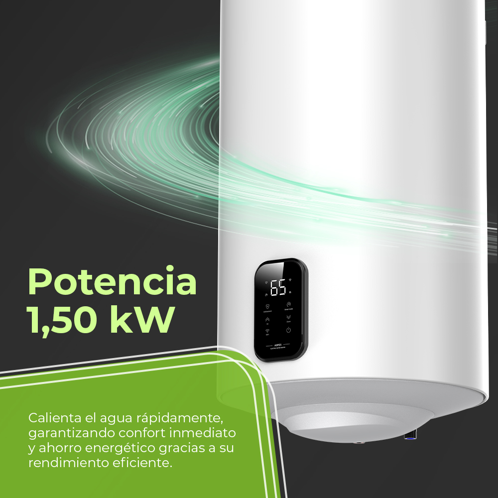 Un calentador de agua blanco con pantalla digital a 65°C y efectos de luz verde.