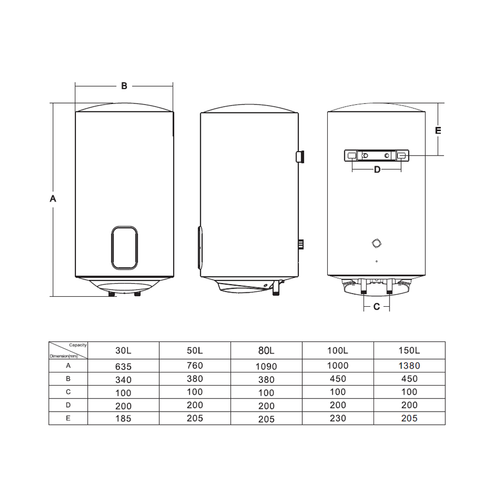 Dibujos técnicos de un calentador de agua con dimensiones y capacidades.