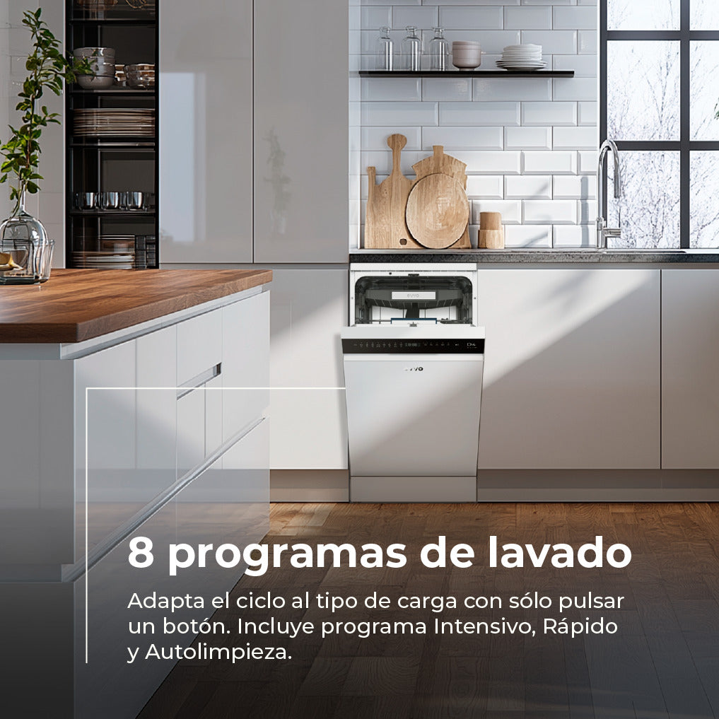 Cocina moderna con lavavajillas blanco abierto, encimera de madera y pared de azulejos.