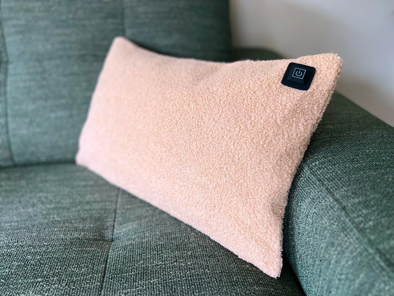 Ein hellrosa Kissen mit Teddyfell auf einem grünen Sofa. Ein schwarzes Power-Symbol ist auf der rechten Seite.