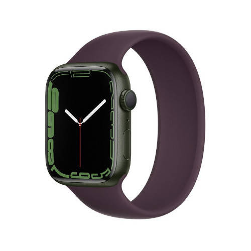 Zielony smartwatch z ciemnofioletową opaską, na białym tle.