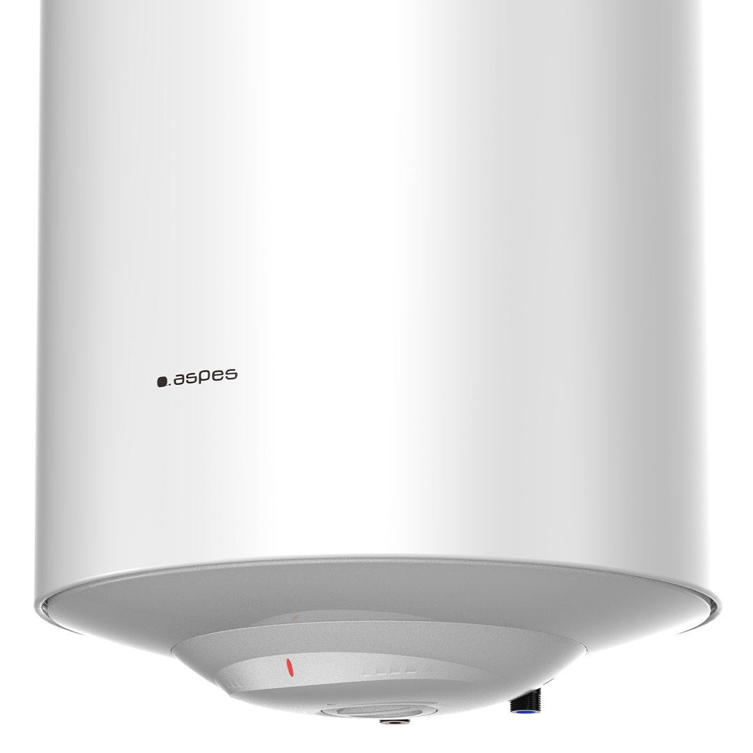 Calentador de agua Aspes blanco con base plateada y luz indicadora roja.
