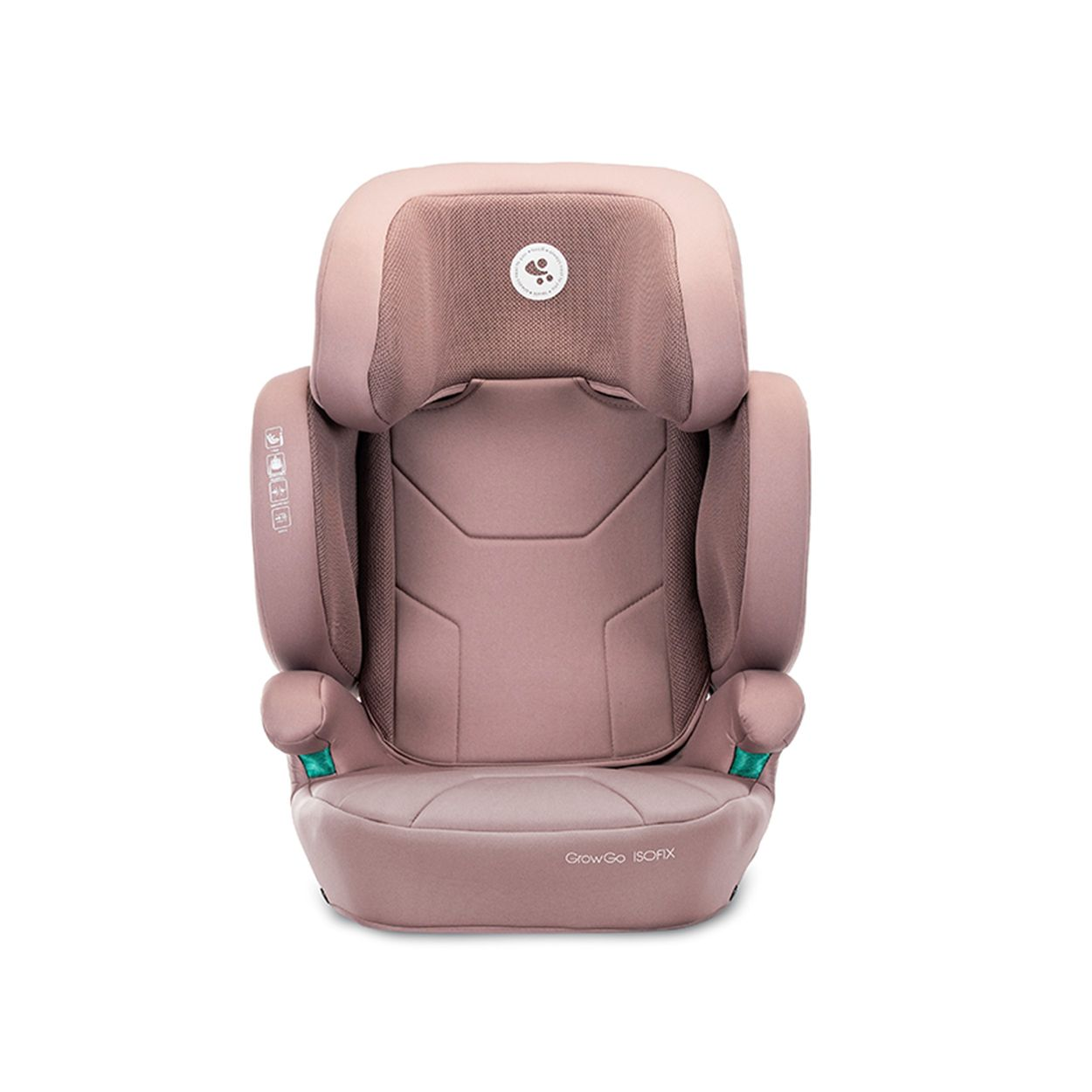 Ein rosafarbener Kindersitz mit verstellbarer Kopfstütze und ISOFIX-Logo.