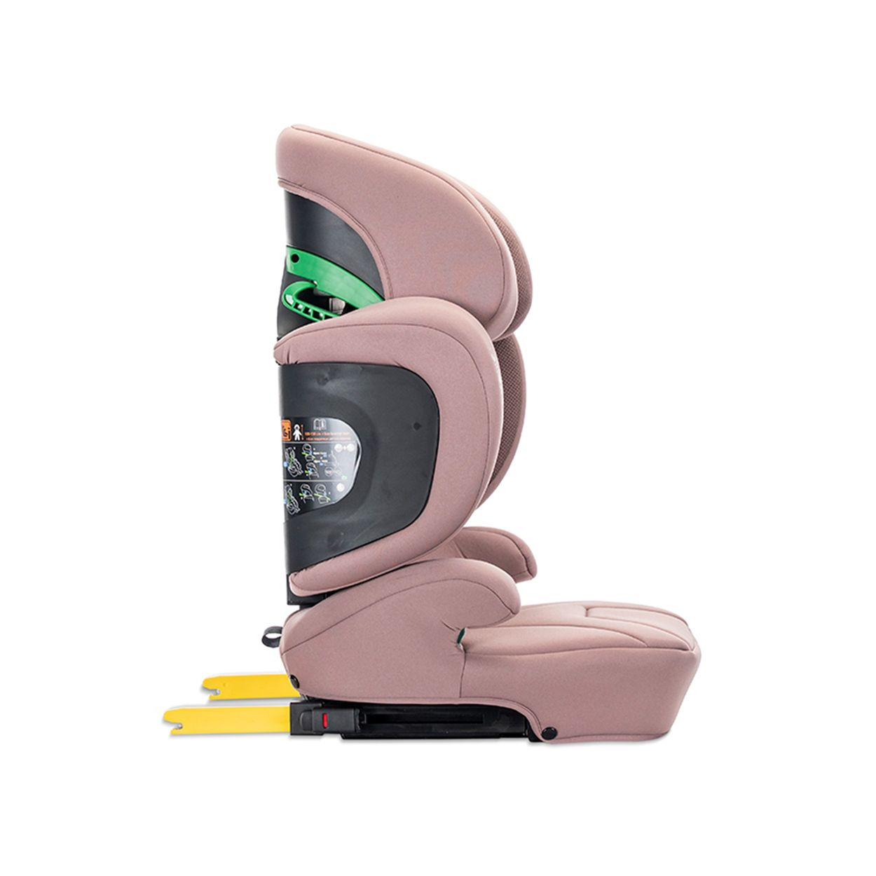 Ein rosa Autositz mit gelben ISOFIX-Konnektoren und einem Sicherheitsetikett.
