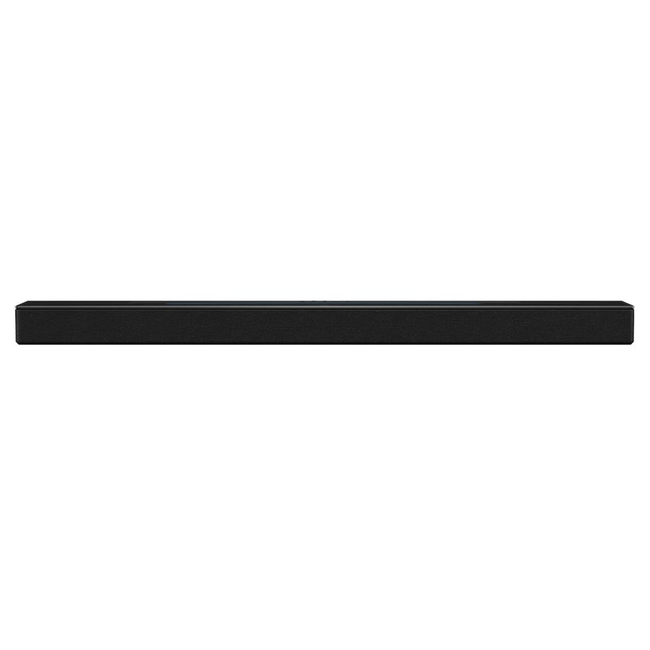 Ein schwarzer Soundbar mit weißem Hintergrund.