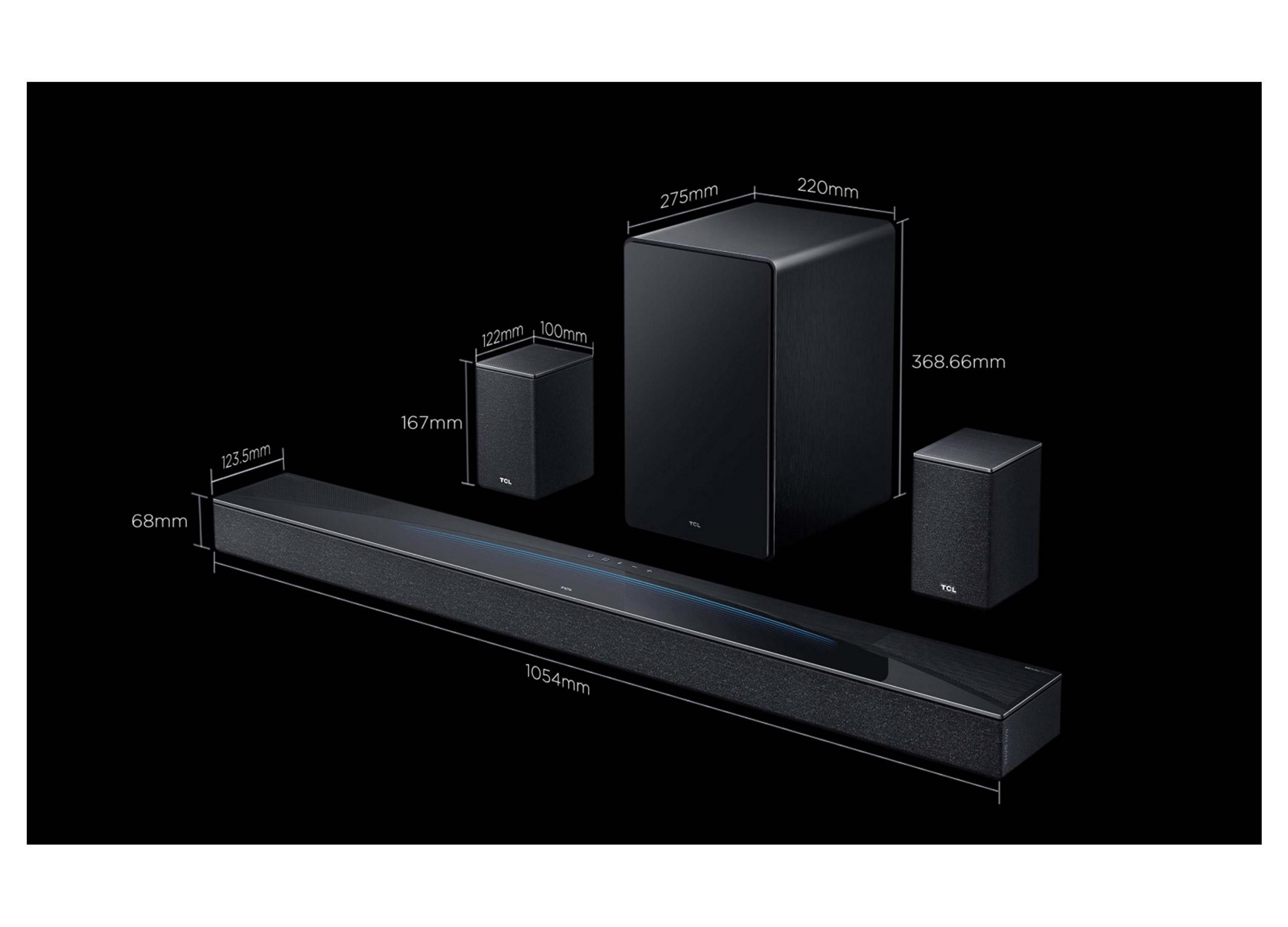 Schwarze TCL Soundbar mit Subwoofer und zwei Satellitenlautsprechern.
