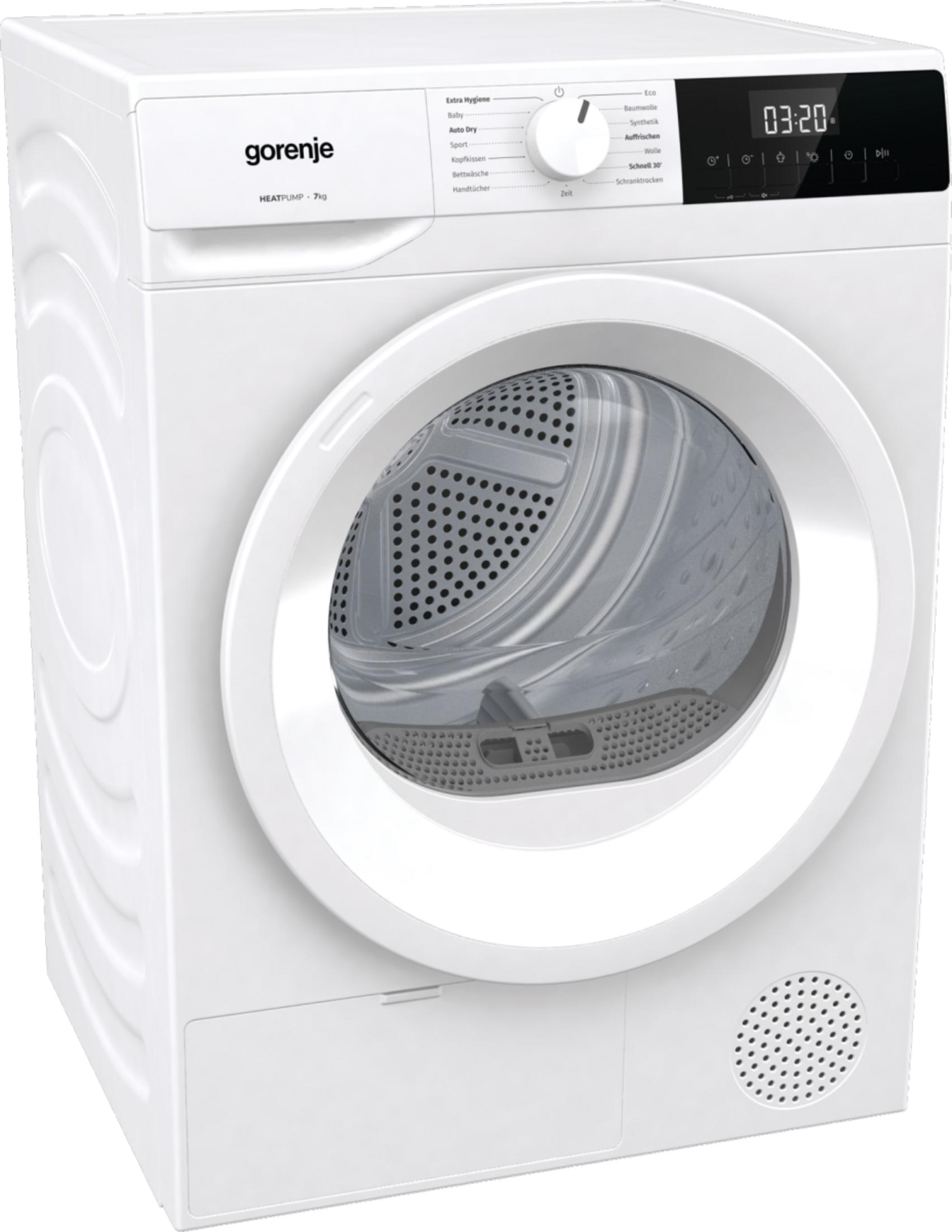 Eine weiße Gorenje Wärmepumpentrockner mit digitaler Anzeige 03:20.