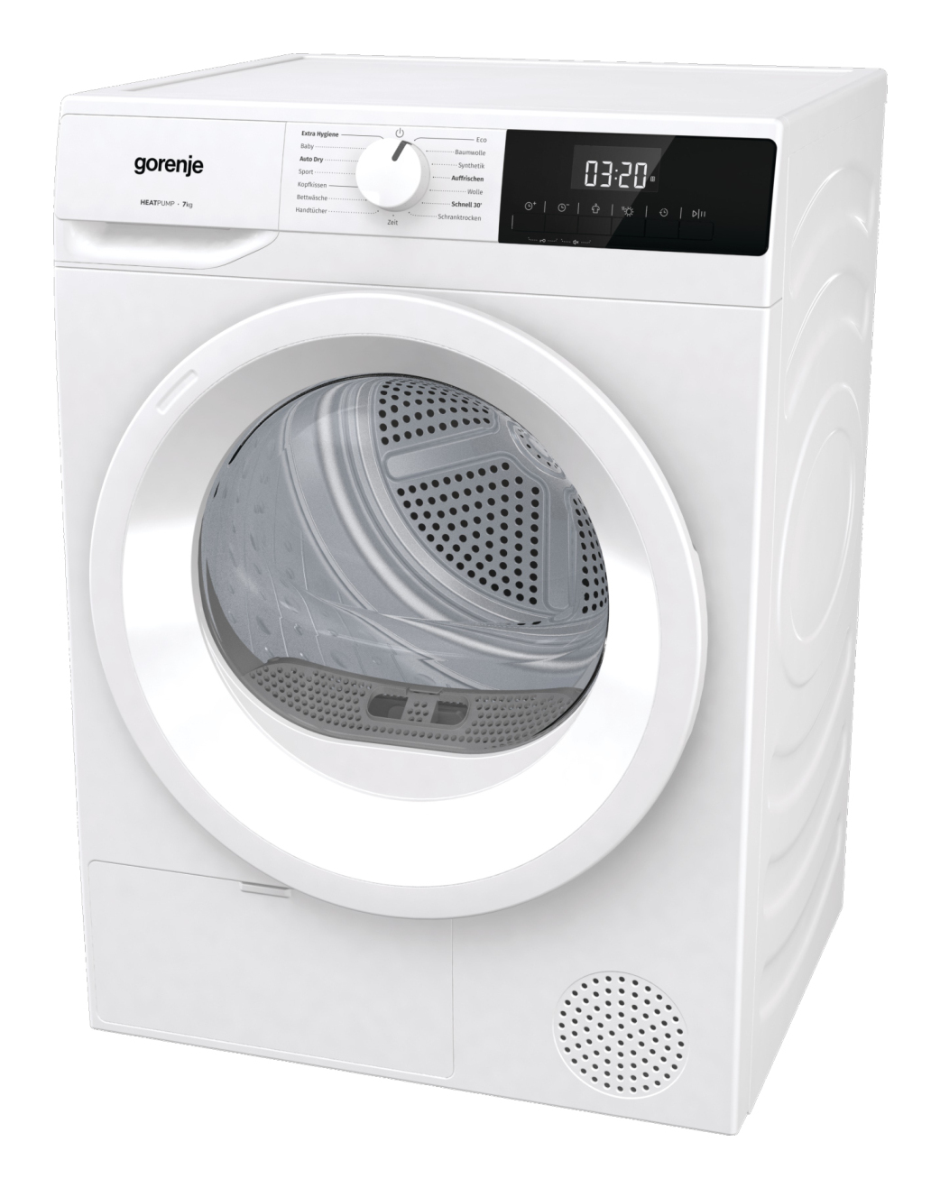Ein weißer Gorenje Wärmepumpentrockner mit digitaler Anzeige und Programmwahlknopf.