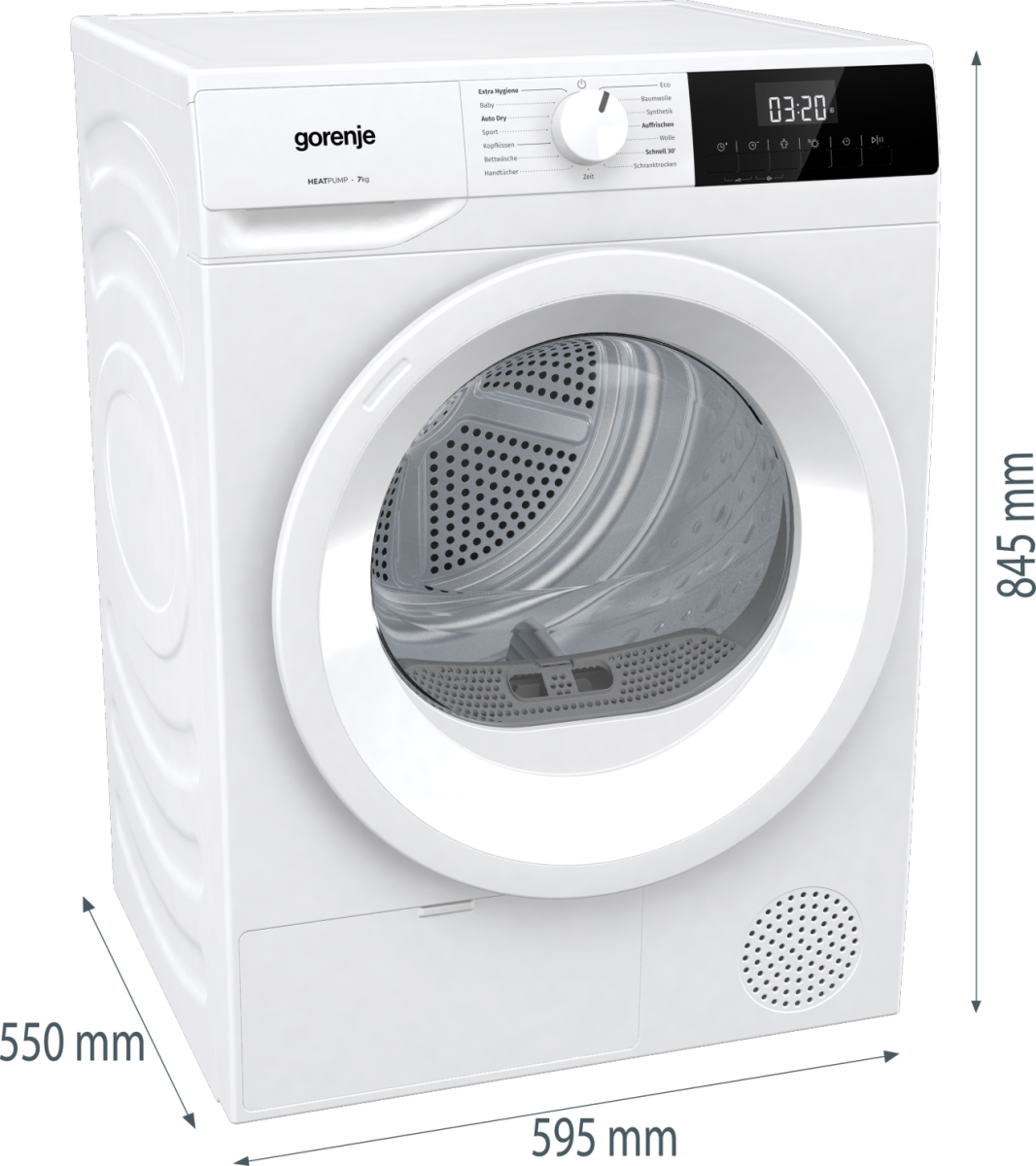 Ein weißer Gorenje Wärmepumpentrockner mit digitalem Display und runder Tür.