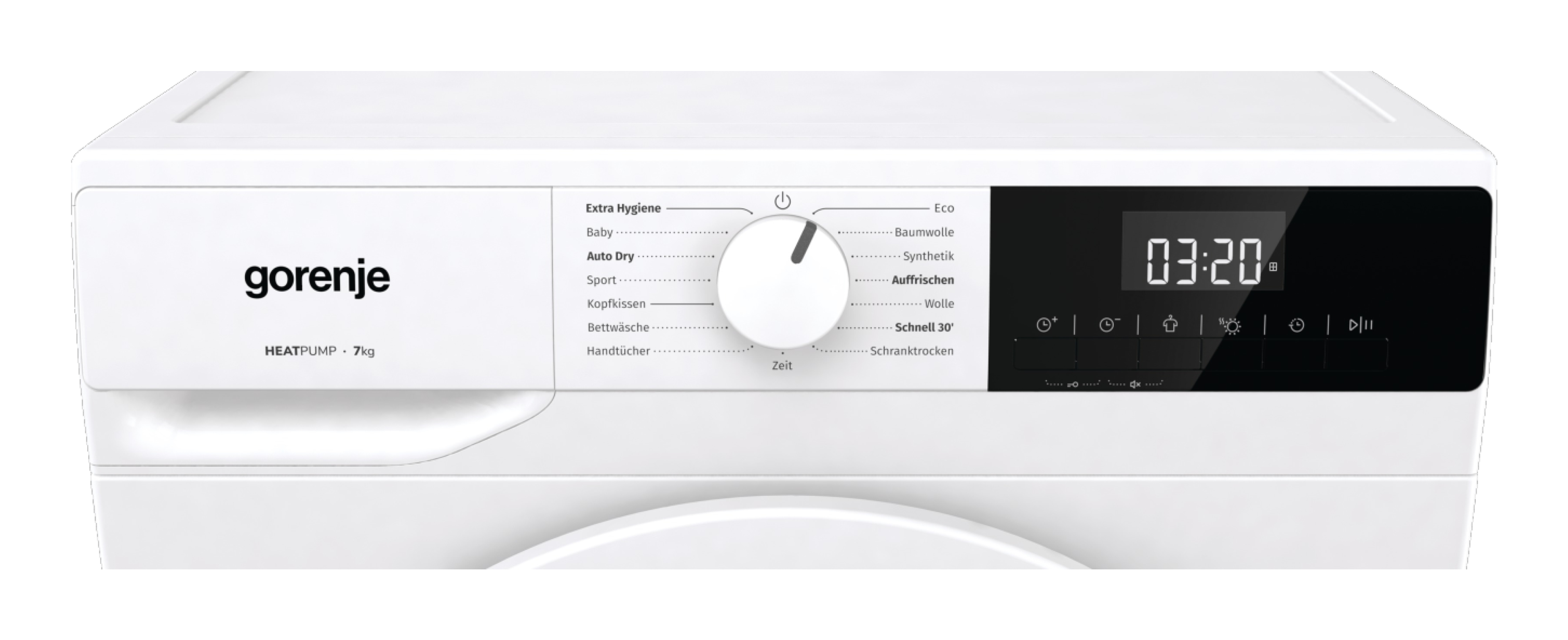 Weiße Gorenje Waschmaschine mit digitaler Anzeige und Programmwahl.